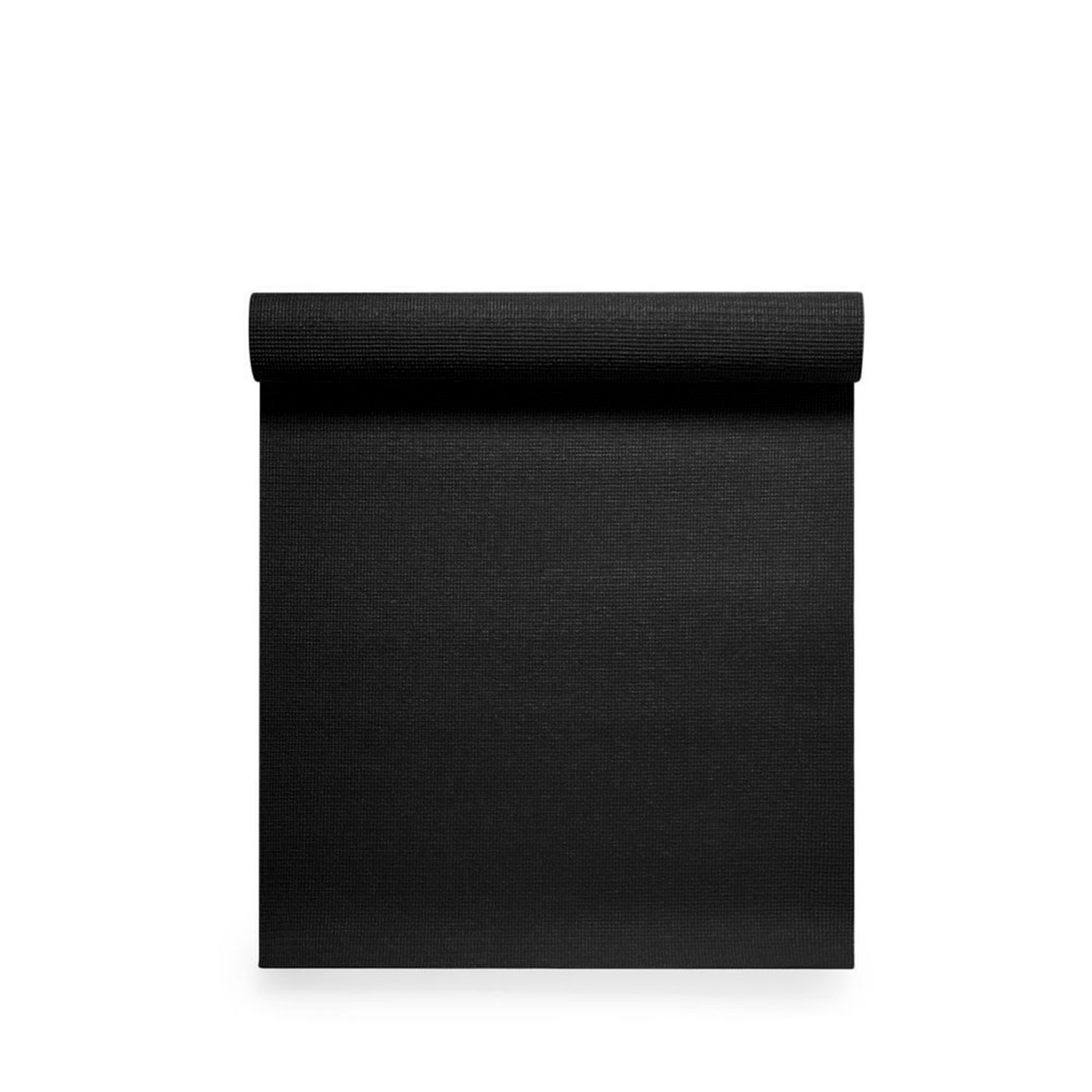 Tappetino da yoga nero arrotolato su sfondo bianco.