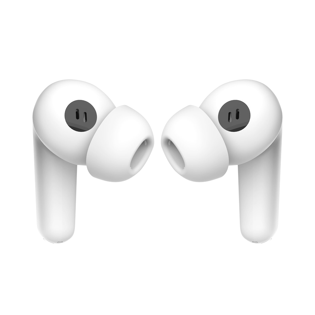 Due auricolari wireless bianchi su sfondo bianco, ciascuno con apertura dell'altoparlante nera.
