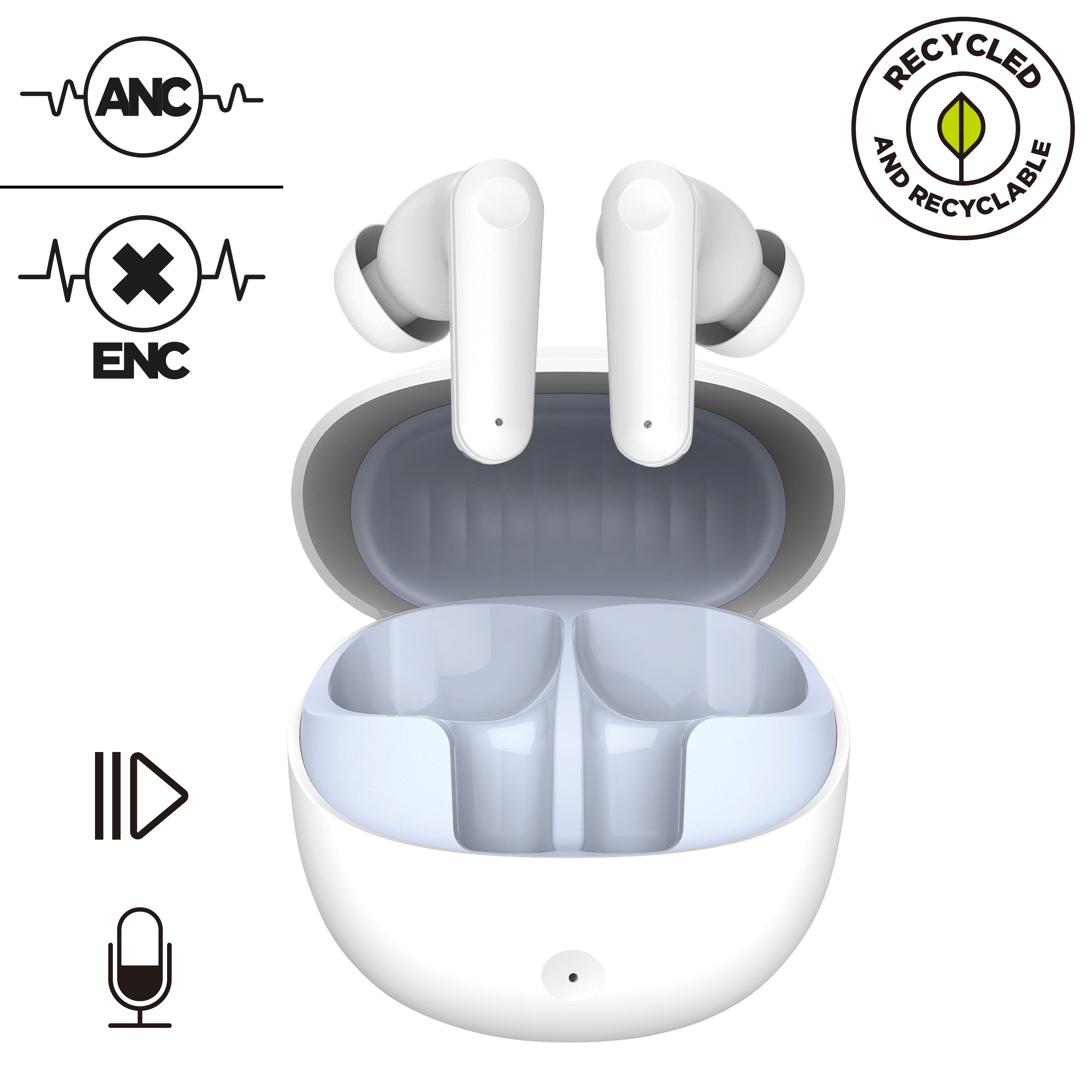 Auricolari wireless bianchi con custodia di ricarica, aperta. Icone per ANC, ENC, play e microfono.