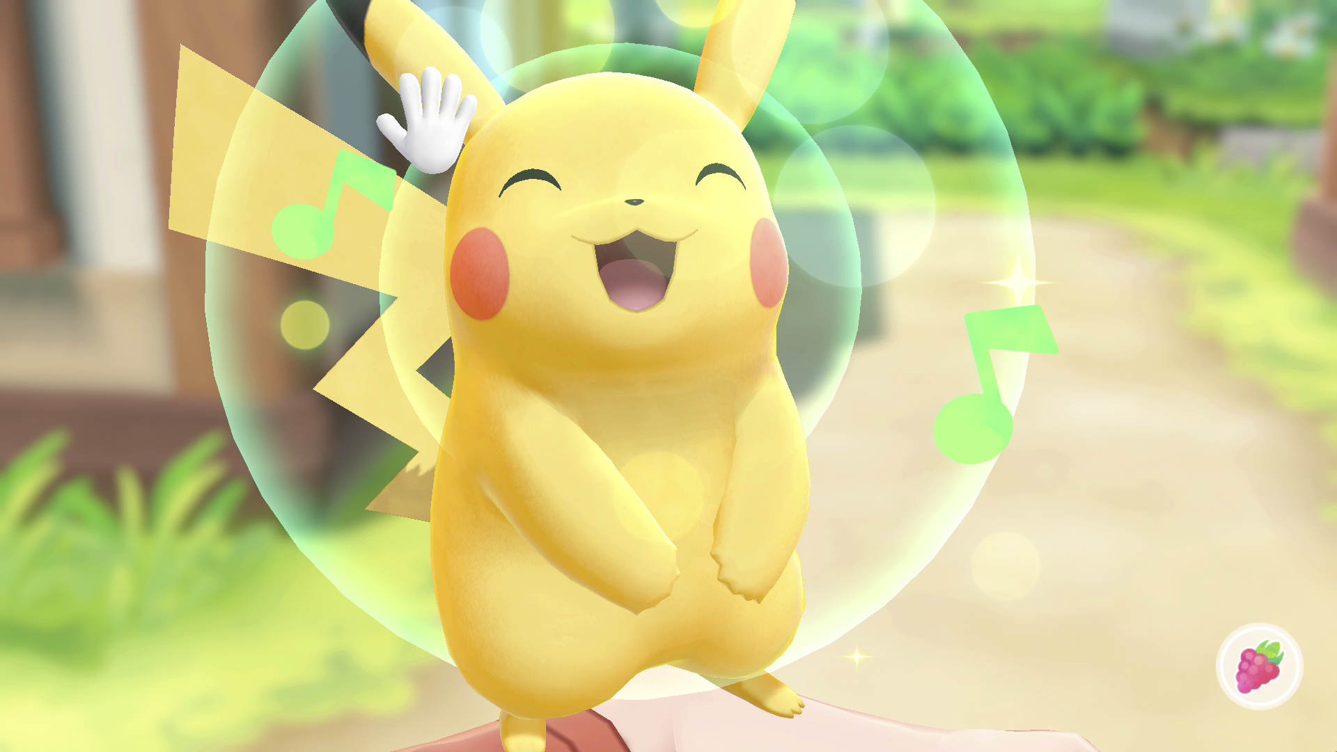 Pikachu lächelt. Grüne Noten um ihn herum. Sonniger Hintergrund.