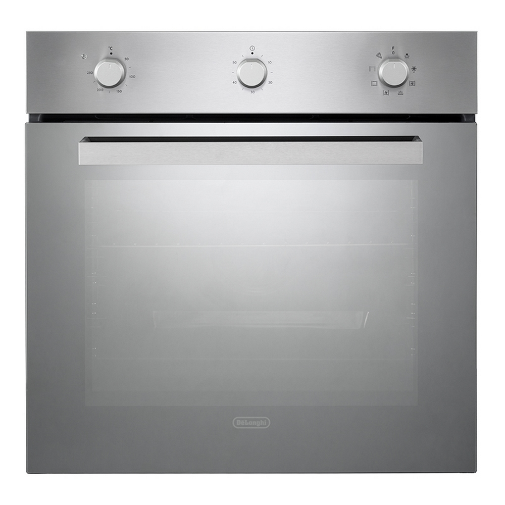 Forno argentato con logo De'Longhi, manopole in alto. Porta a vetro, vassoio visibile.