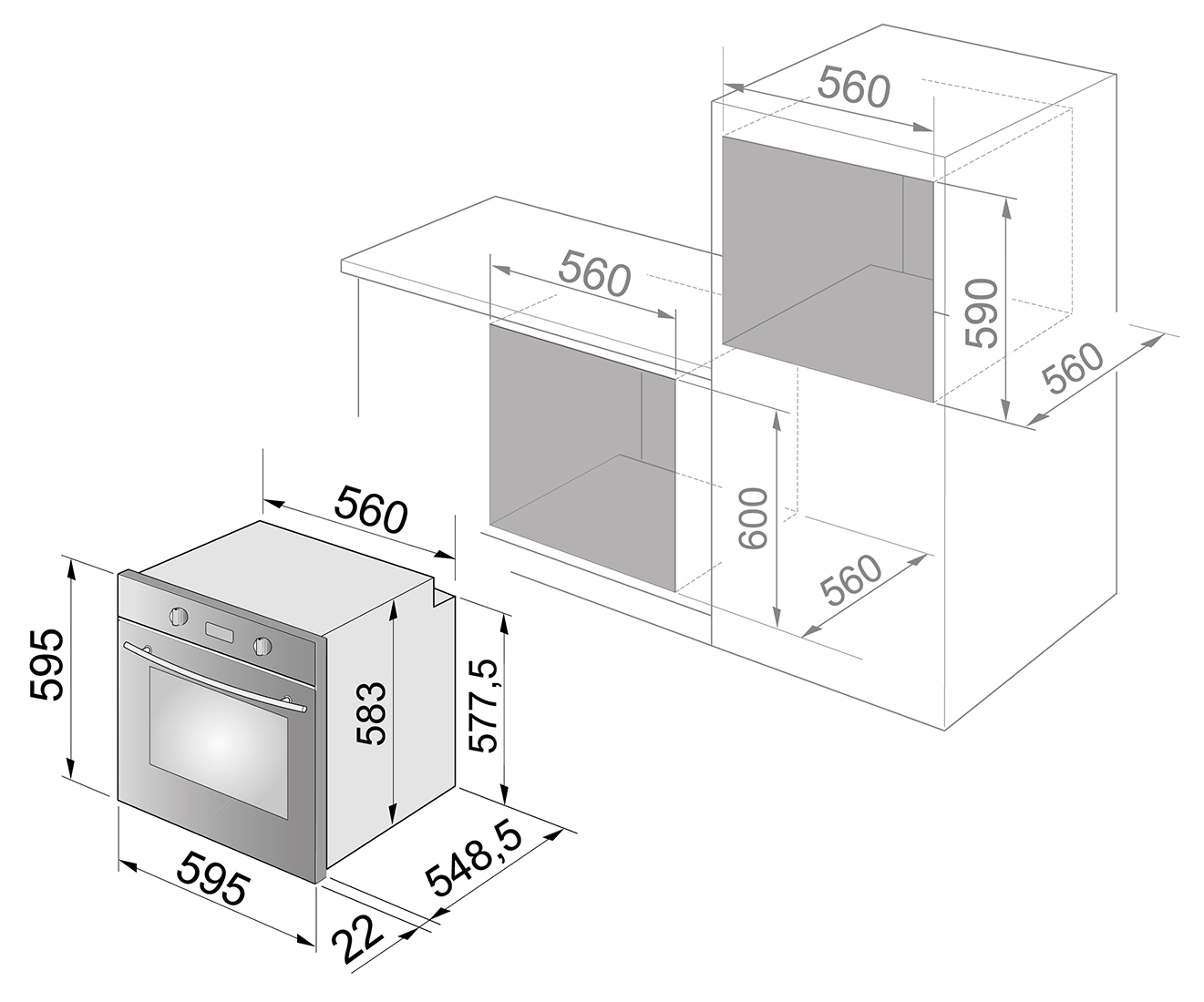 Schema di un forno a incasso con dimensioni. Il forno è accanto a un mobile con misure.