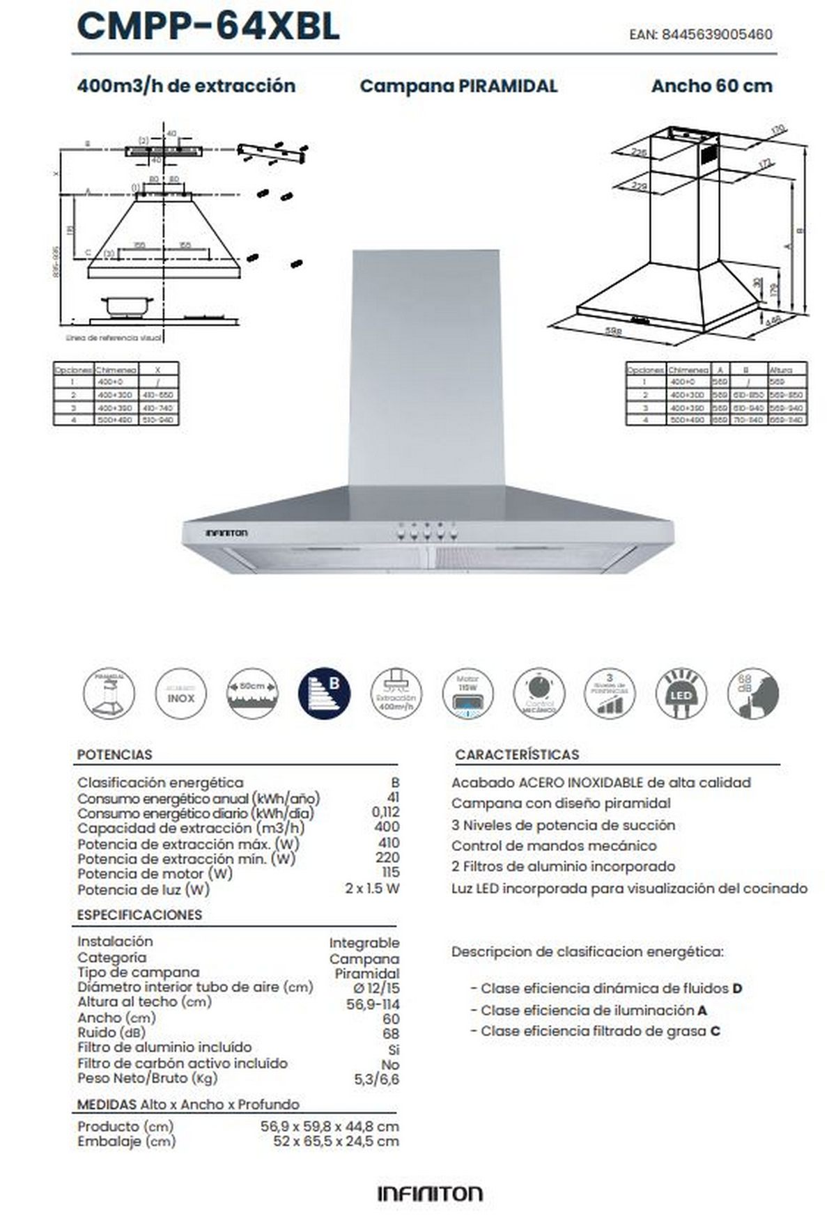 Schema di una cappa da cucina a piramide. Mostra dimensioni, dati tecnici e caratteristiche.