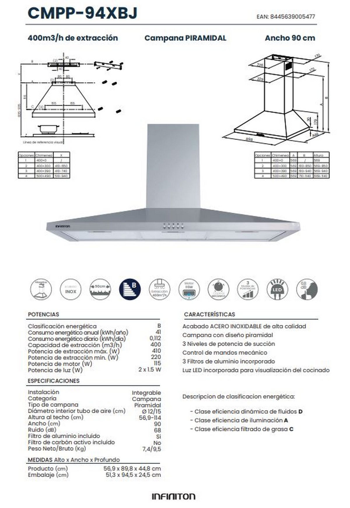 Cappa argentata con specifiche su sfondo bianco. Ha un diagramma e del testo.