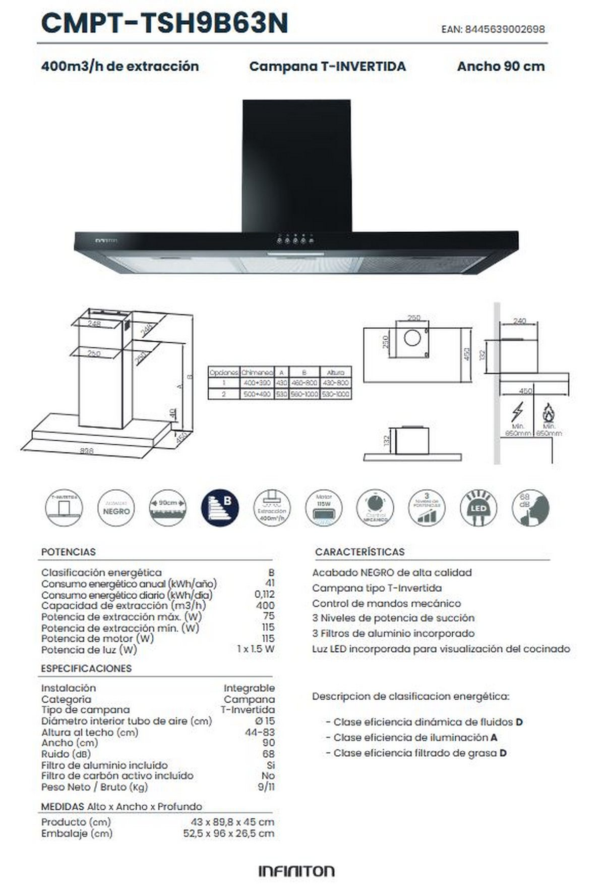 Campana extractora negra con dimensiones y especificaciones en la etiqueta. Fondo blanco.