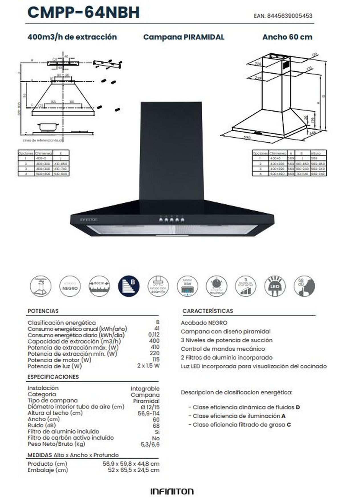 Un diagrama de campana extractora negra con especificaciones y dimensiones sobre un fondo blanco.