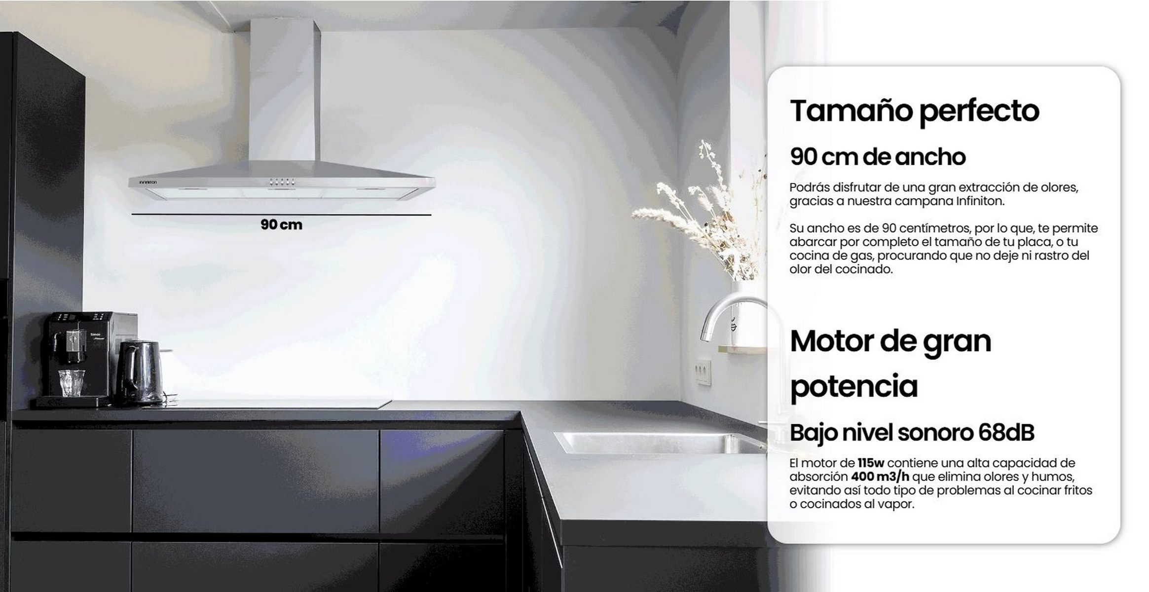 Una cappa da cucina con testo e misure e un piano cucina con elettrodomestici.