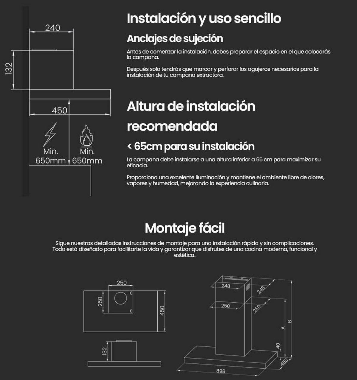Diagramma che mostra l'installazione e le dimensioni di una cappa da cucina. Testo in spagnolo.