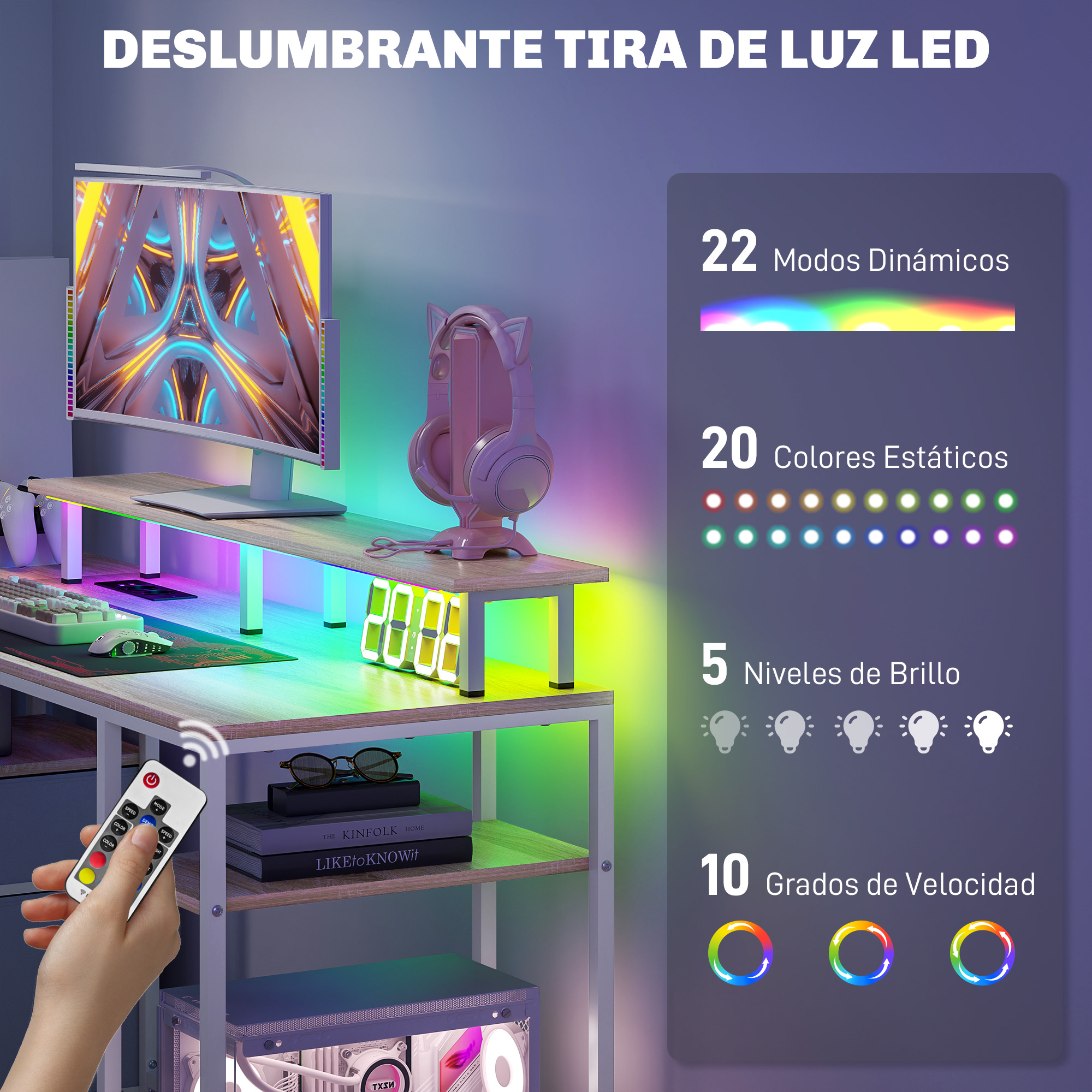 Configuración de escritorio con monitor, auriculares y luces LED, controlado por mando.