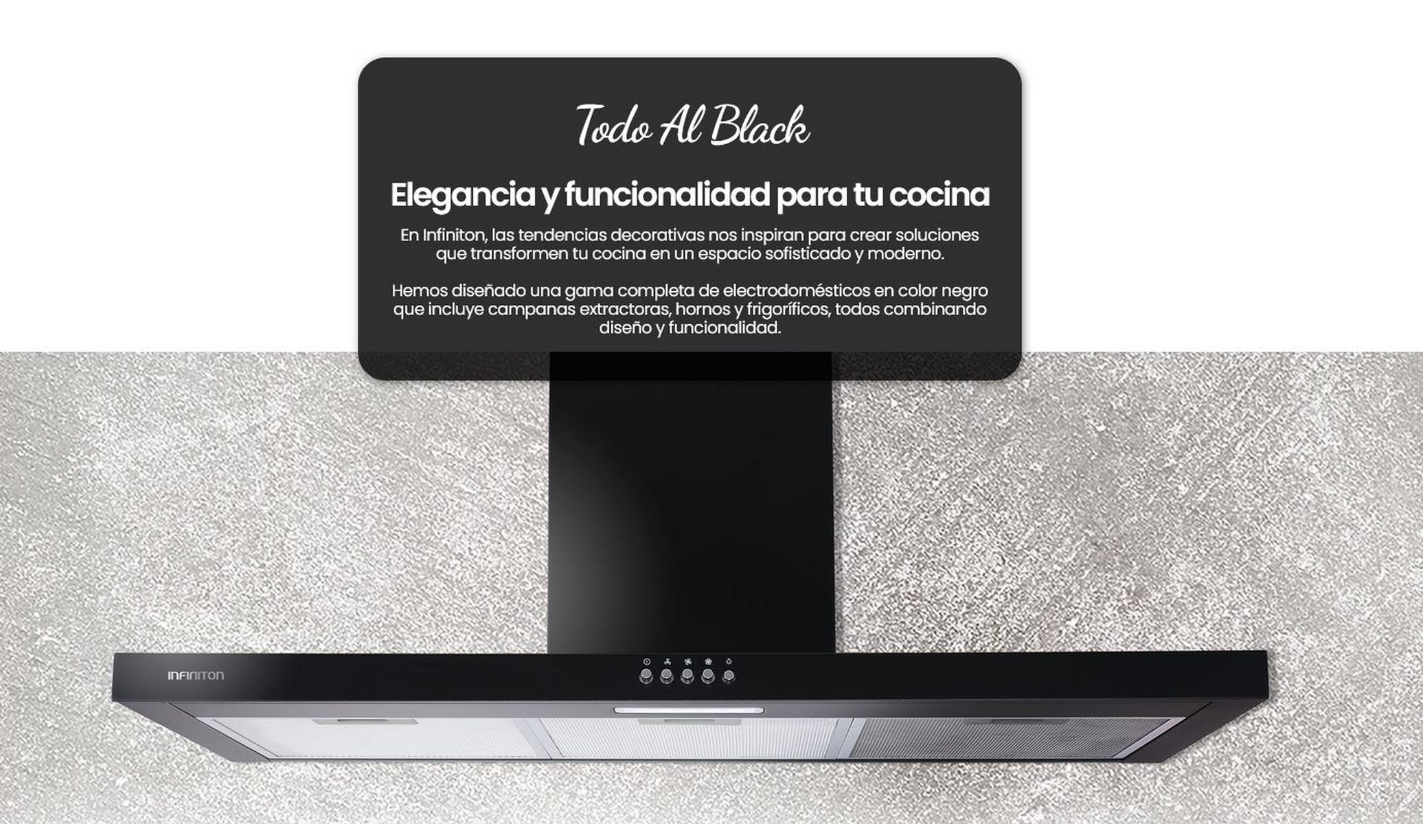 Campana extractora negra con texto en español en una pared gris, un diseño moderno.