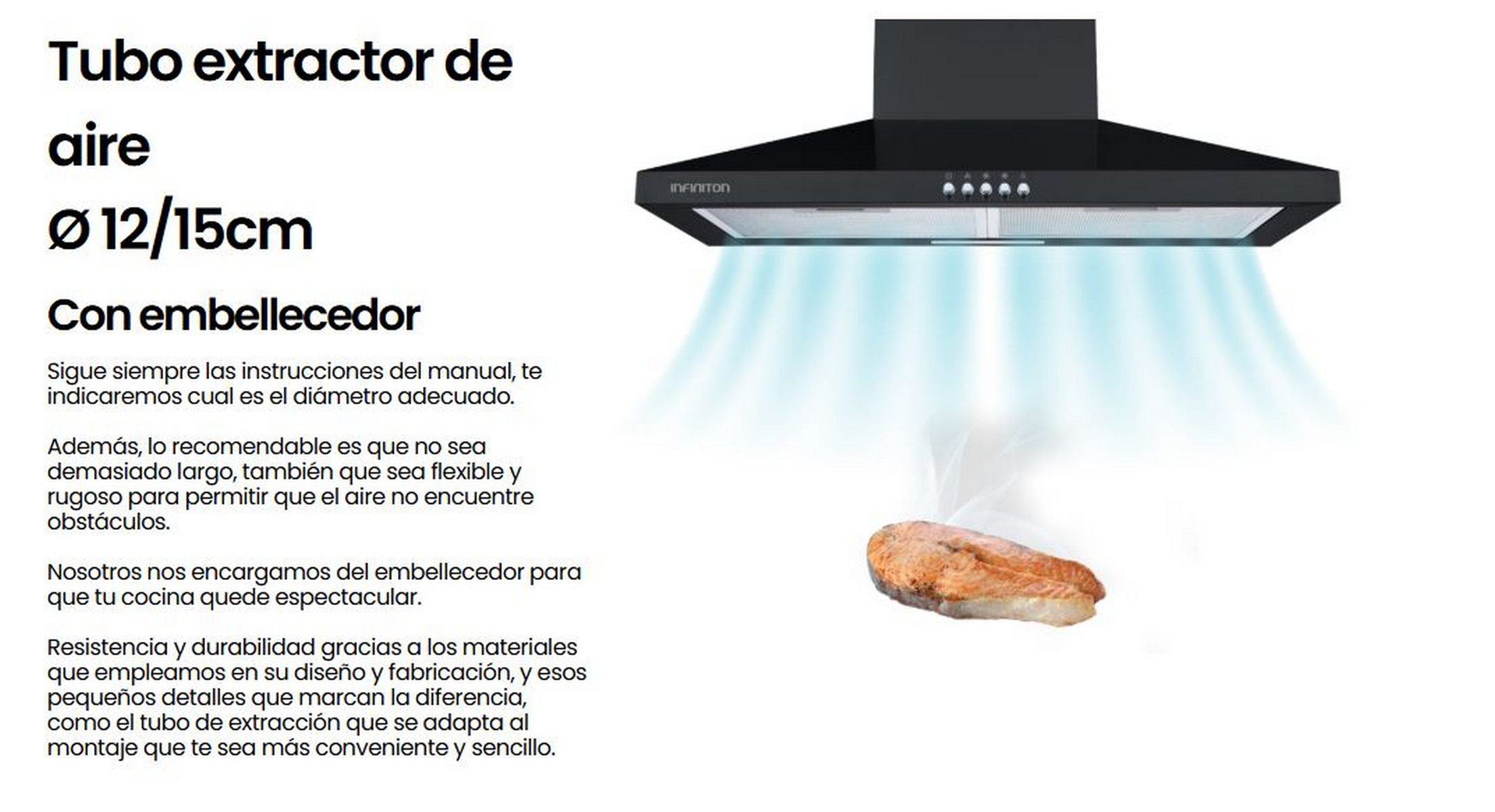 Dibujo técnico que muestra una campana extractora negra con texto y visualización de extracción de humo.
