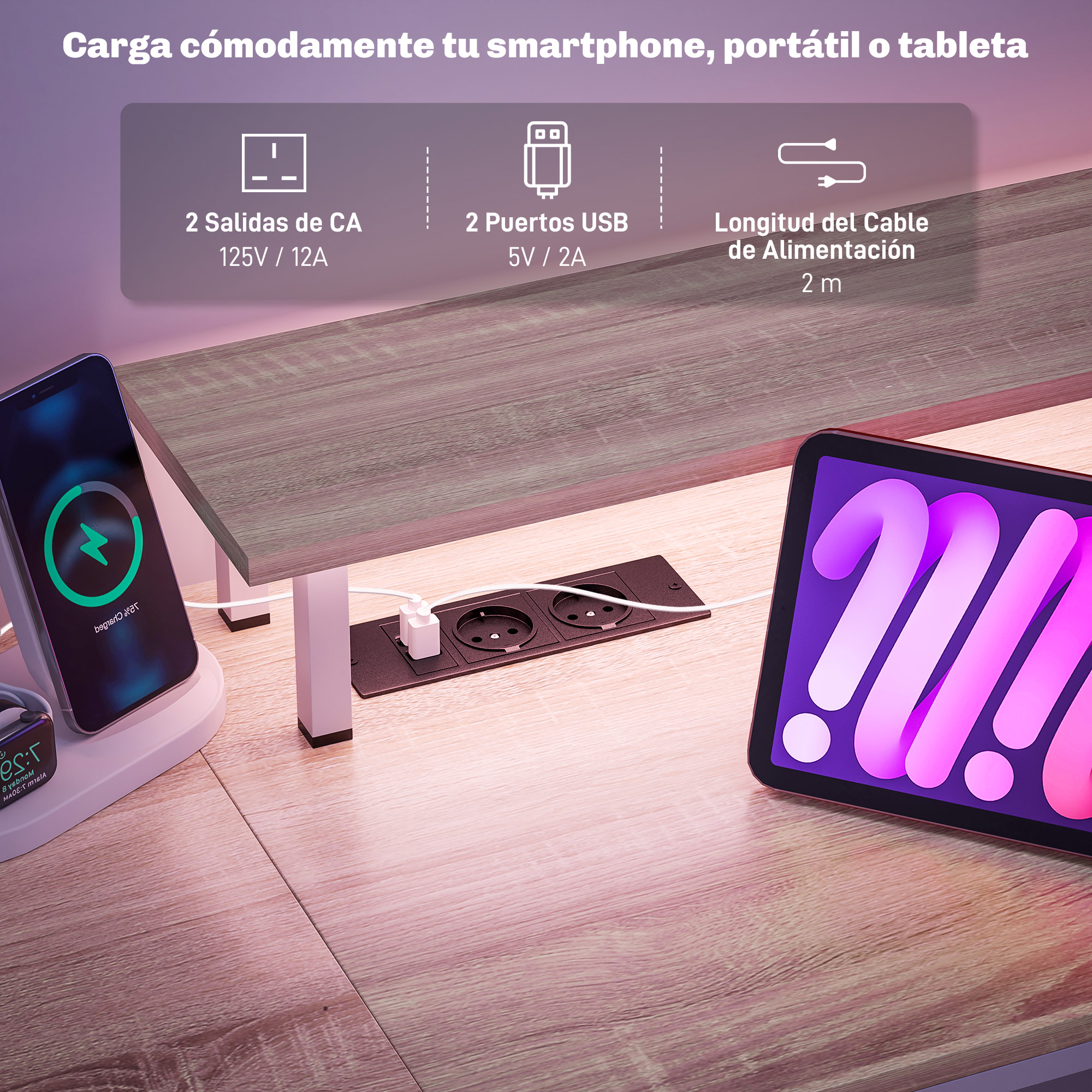 Escritorio de madera con estación de carga, tableta y teléfono. Texto: Carga tu smartphone, portátil o tableta.