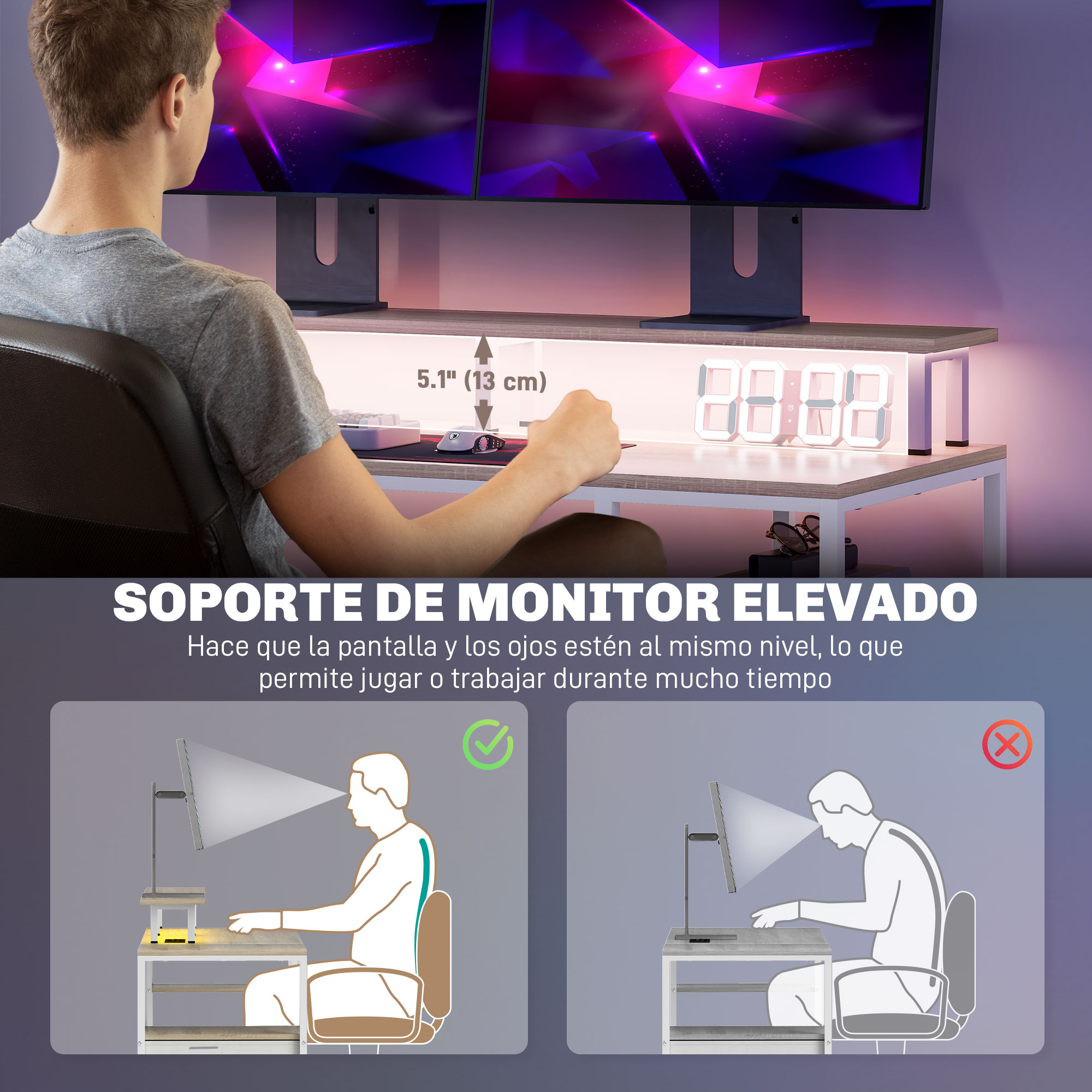 Hombre usando un soporte de monitor, mostrando ilustraciones de postura correcta e incorrecta.