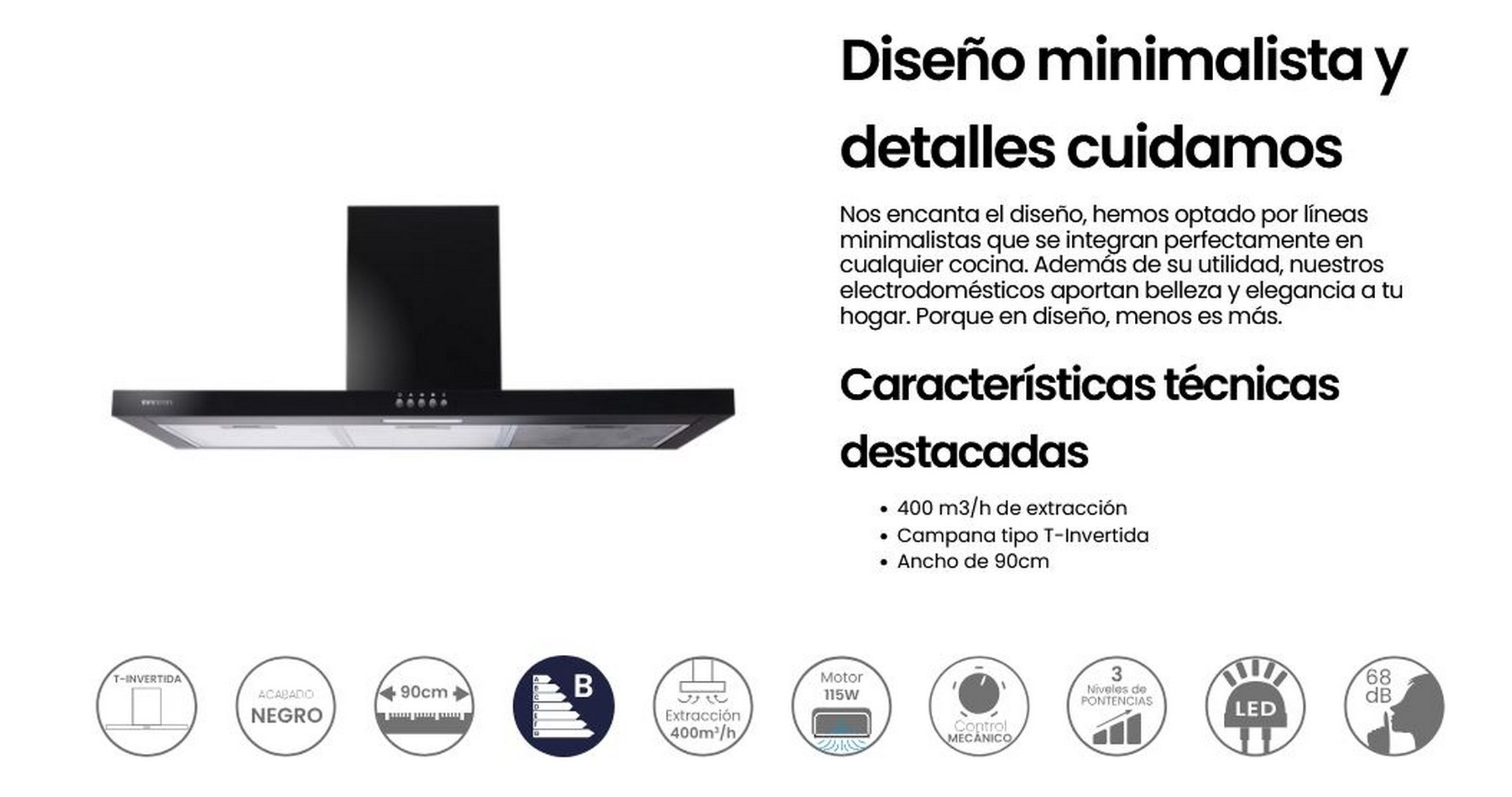 Una campana extractora negra con texto e iconos, incluidas dimensiones y especificaciones.