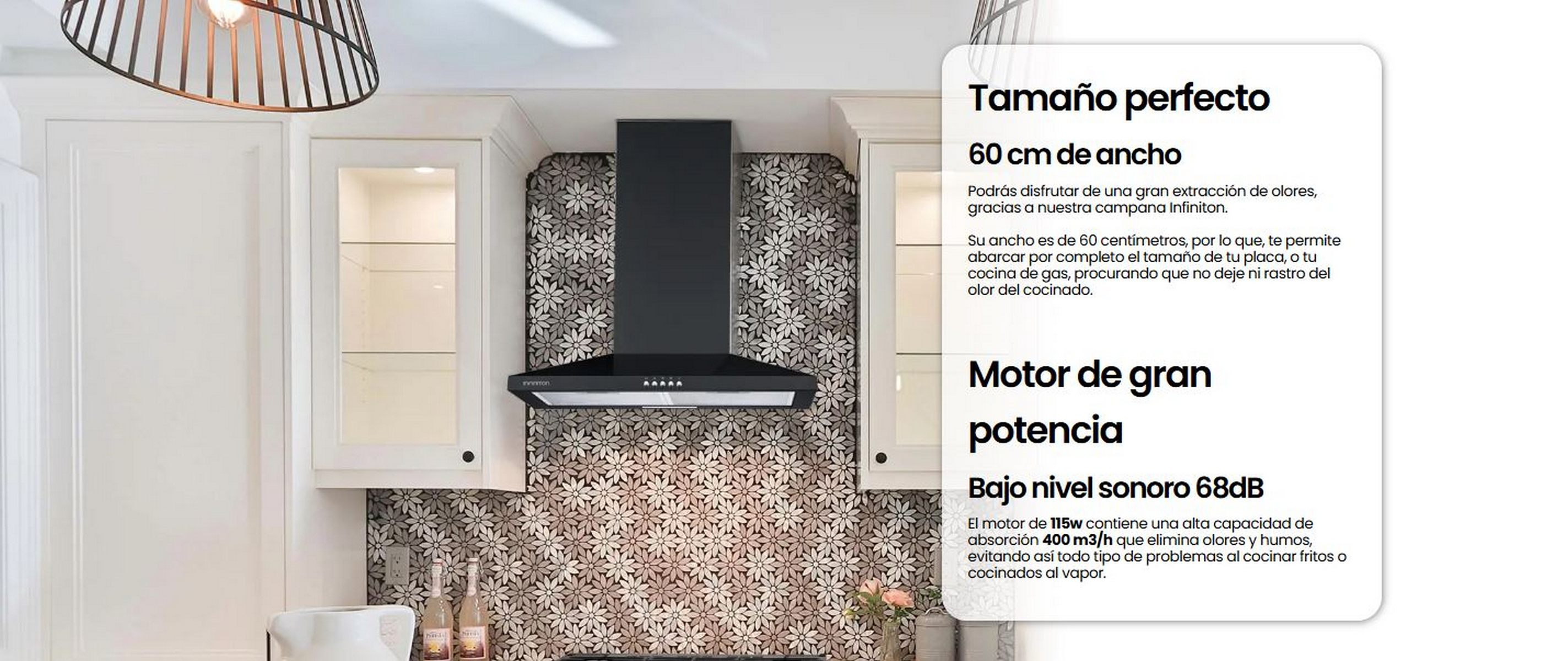 Campana extractora negra sobre la estufa. Detalles de texto sobre tamaño, potencia y nivel de ruido.