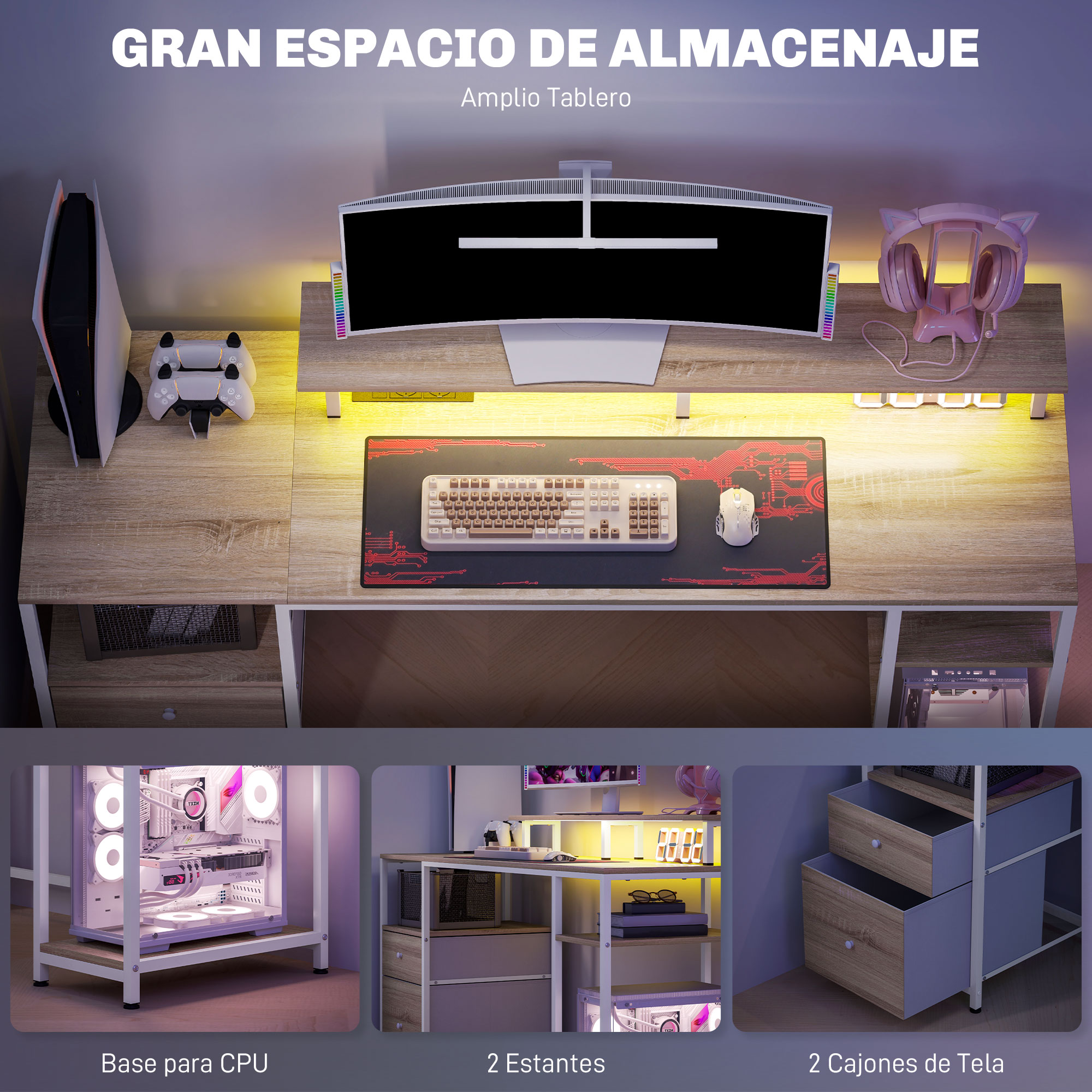 Escritorio de ordenador con monitor curvo, teclado y ratón. Incluye base de CPU y estanterías.