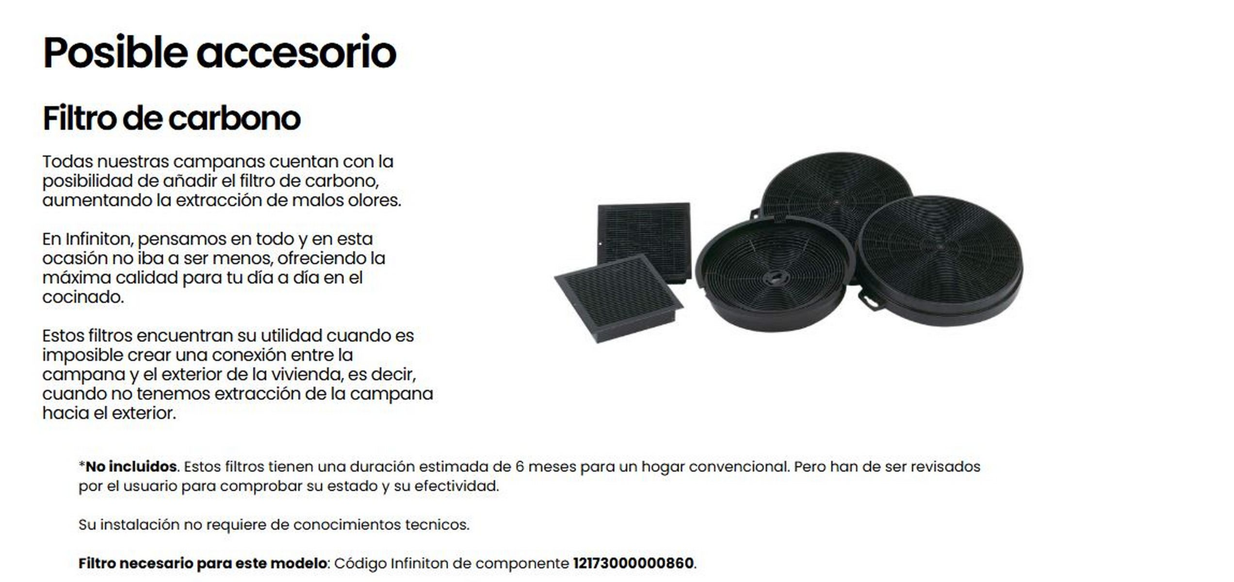 Filtri a carbone. Varie forme di filtro. Testo in spagnolo sul loro utilizzo.