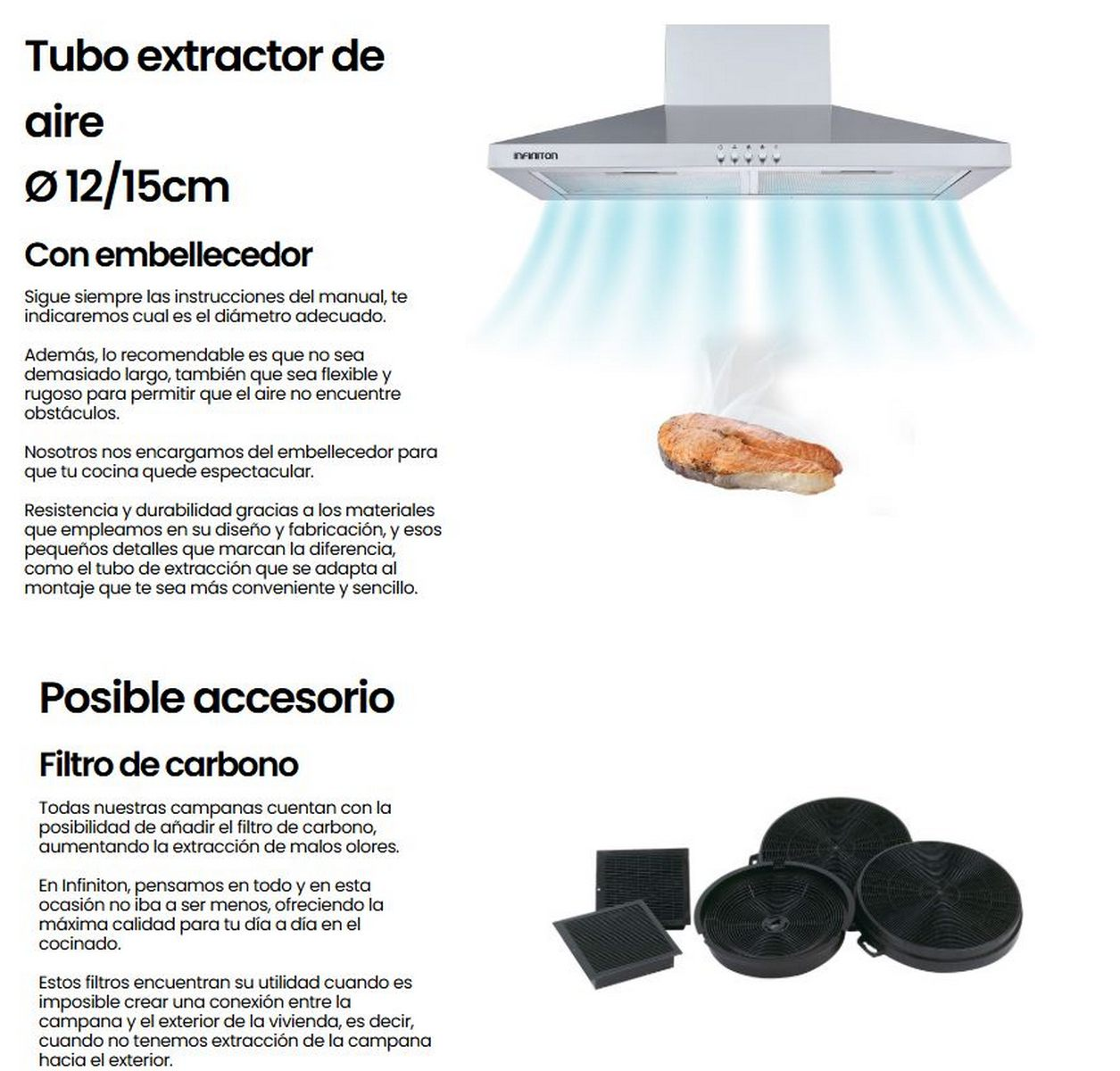 Una descrizione del prodotto per una cappa aspirante, testo in spagnolo, con accessori e filtri a carbone.