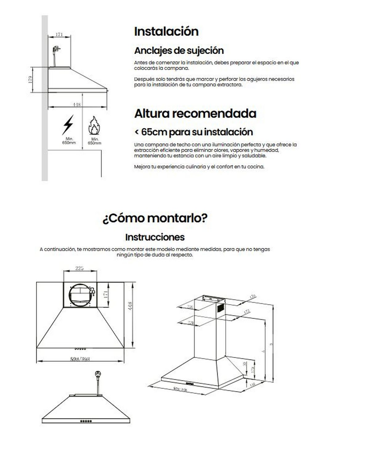Diagrama que muestra la instalación de una campana extractora de cocina.