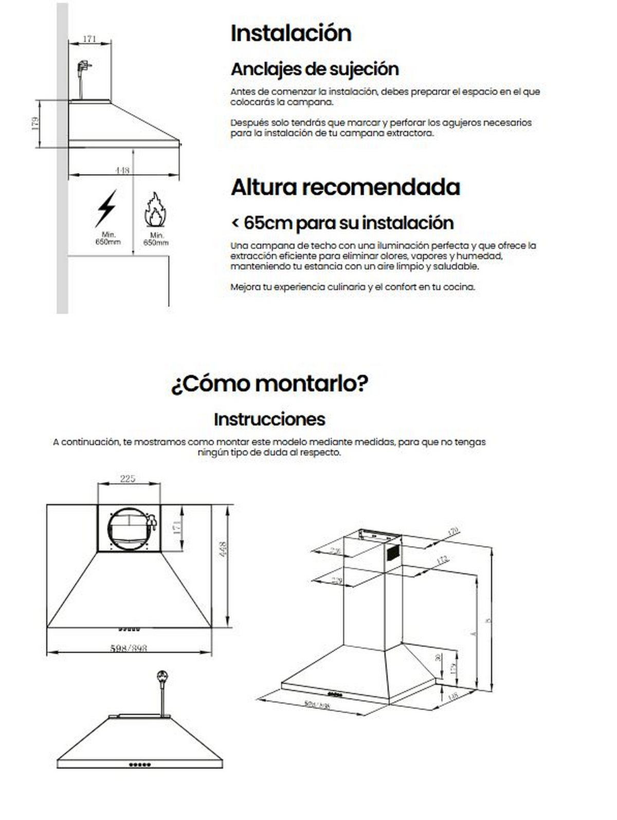 Disegni tecnici e istruzioni per il montaggio di una cappa aspirante, comprese le dimensioni.