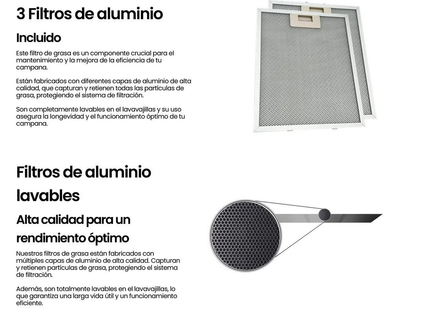 Dos filtros de aluminio plateados y texto sobre ellos. Se muestra un primer plano de la malla del filtro.
