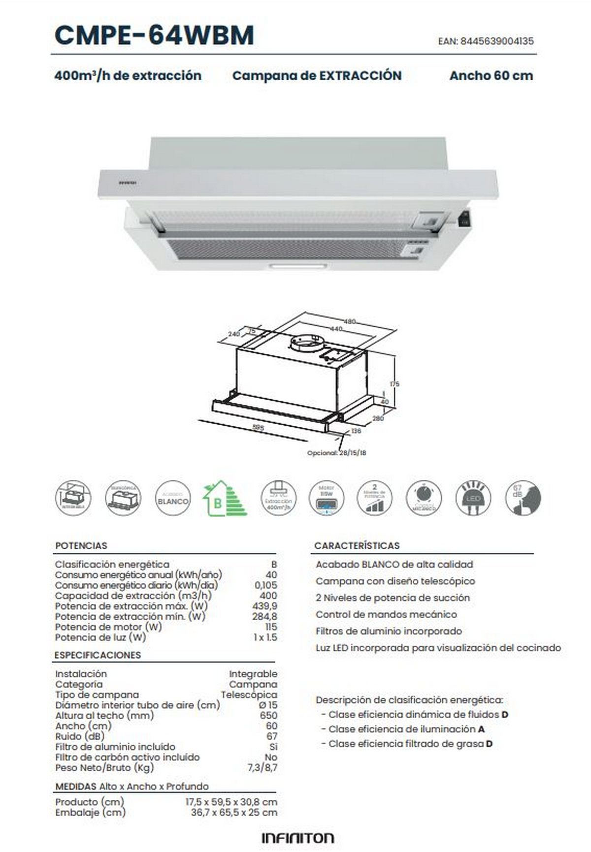 Candy CCE117/1X Hotte Aspirante 70 Cm, 3 Niveaux De Puissance, 65 W