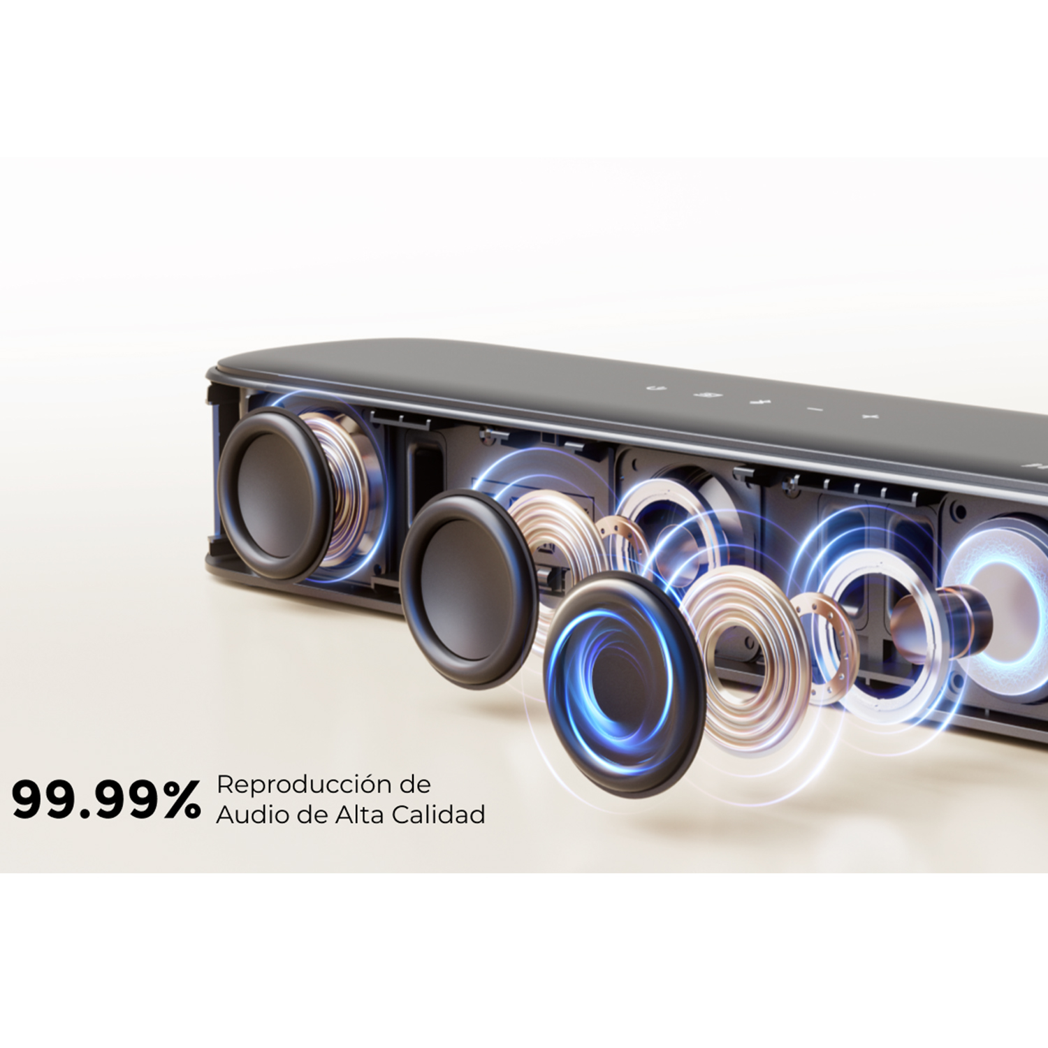 Un primer plano de una barra de sonido que muestra los altavoces con el texto del 99,99% de audio de alta calidad.