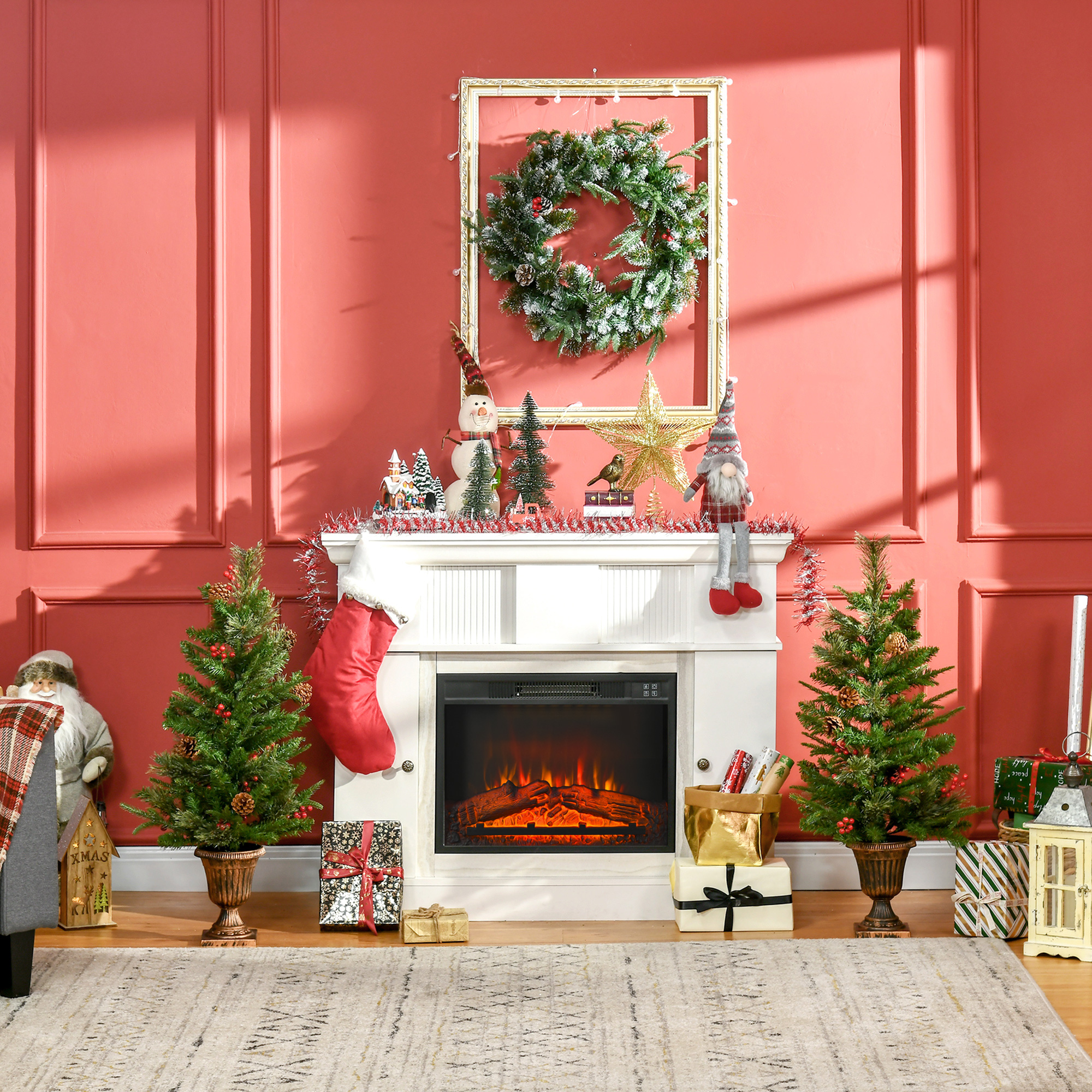 Escena navideña: chimenea, corona, árbol, regalos y decoraciones.