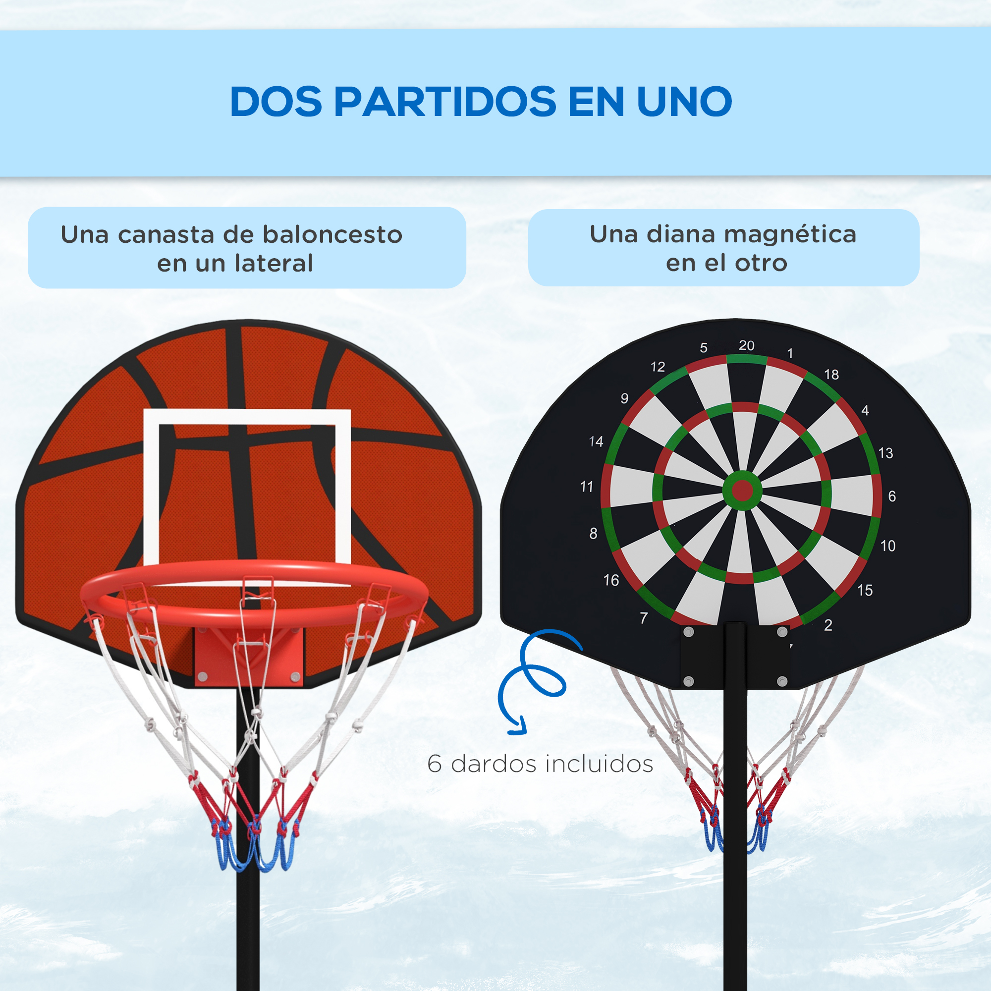 Un aro de baloncesto y un tablero de dardos en un soporte. El texto implica dos juegos en uno.