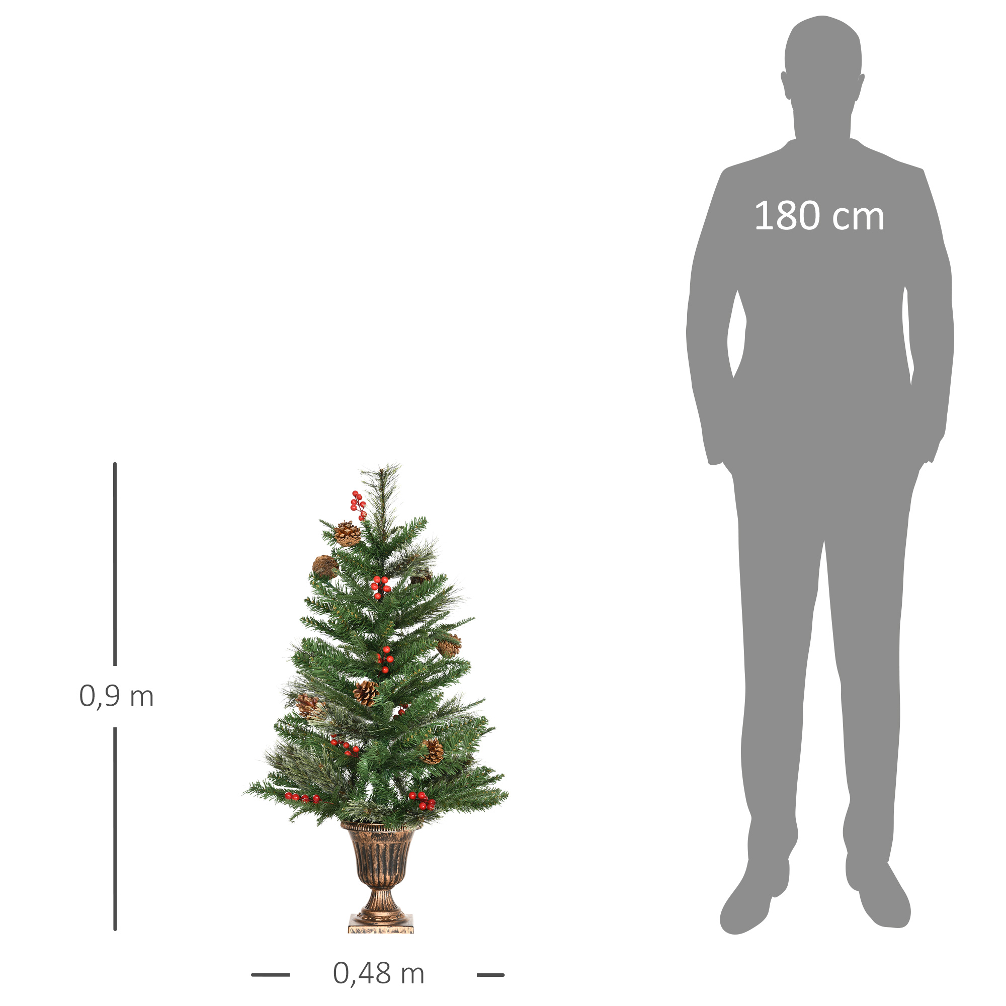Pequeño árbol de Navidad artificial en una maceta decorativa, junto a una figura que representa 180 cm de altura.