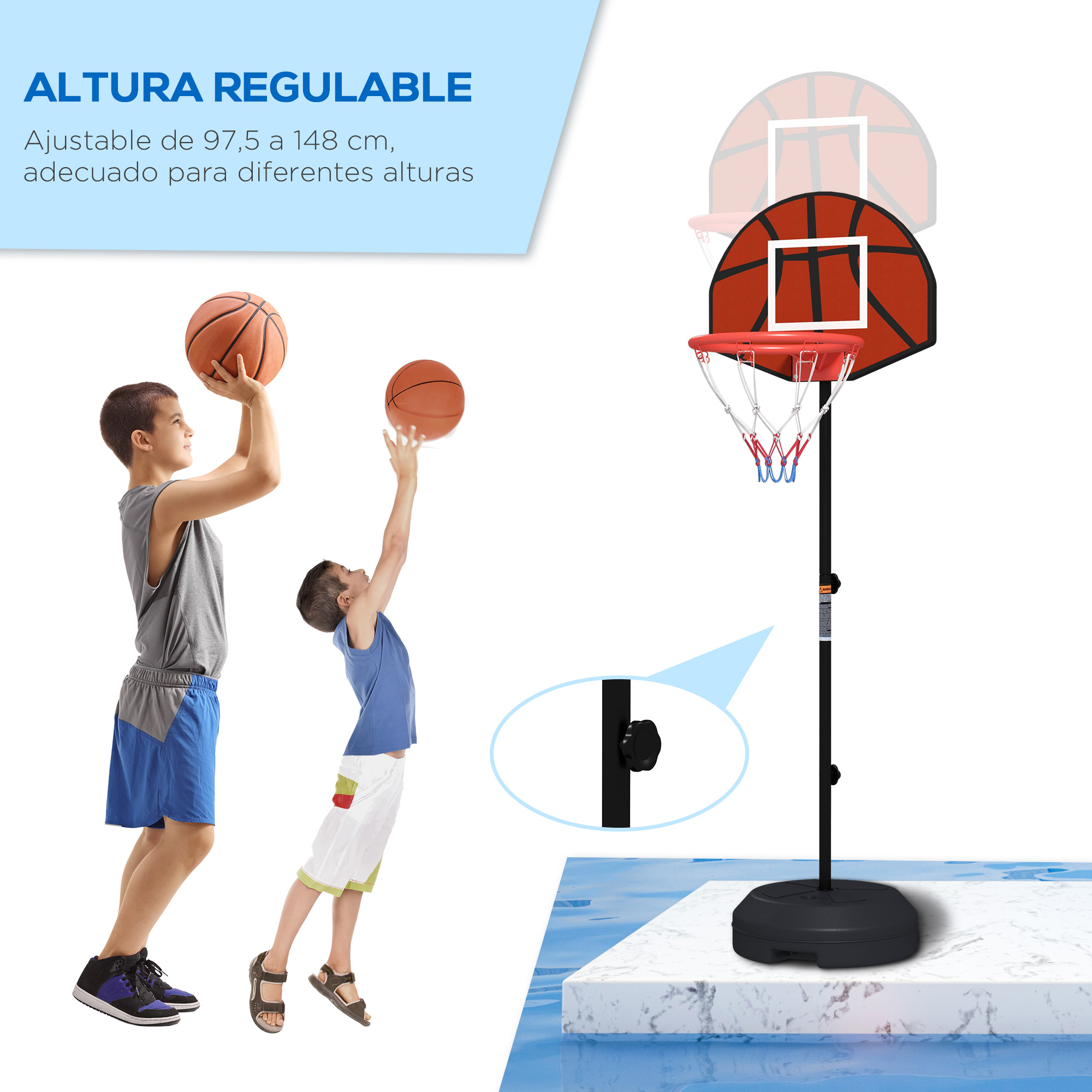 Dos niños jugando baloncesto. Uno se prepara para tirar, el otro mira. Un aro de baloncesto en el fondo.