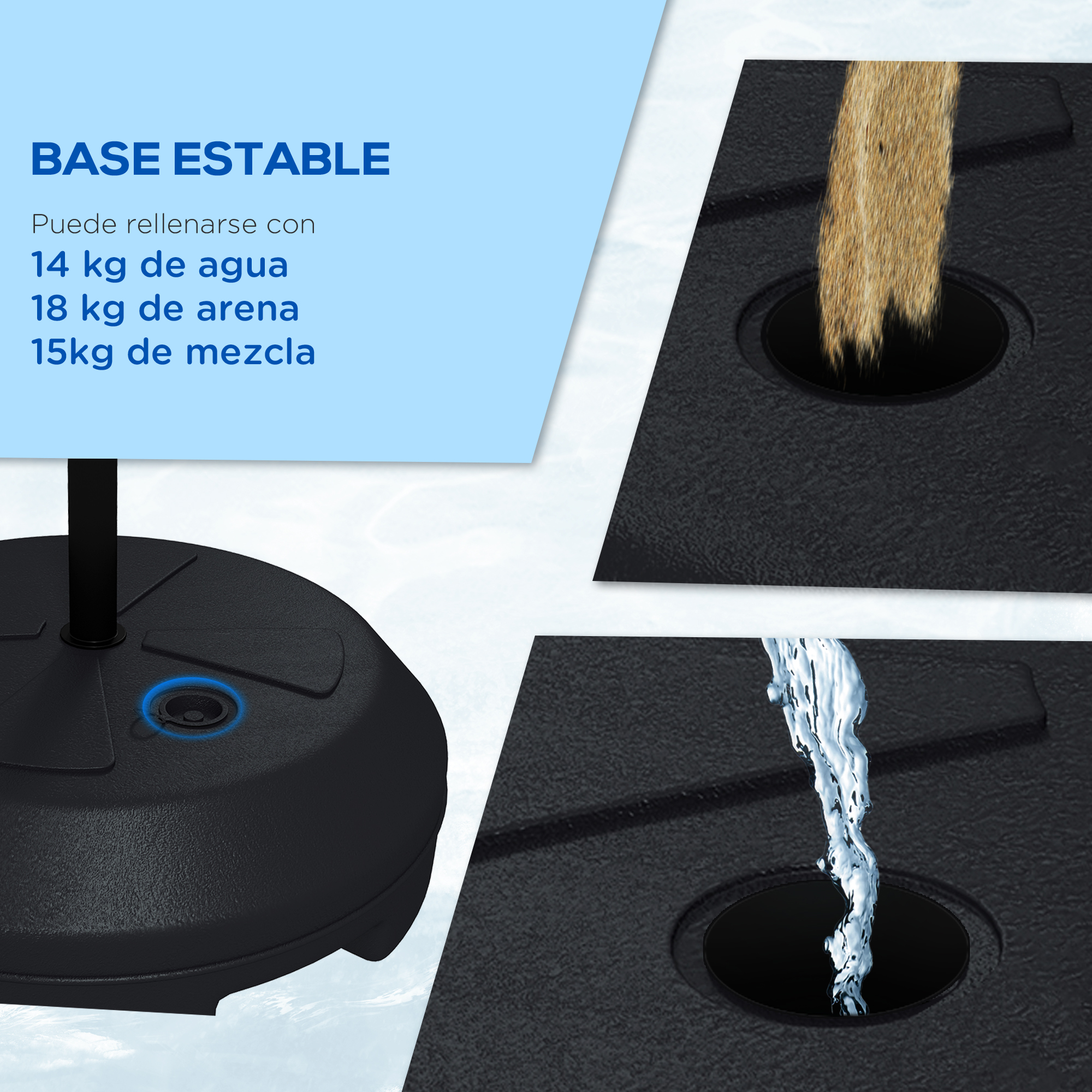 Base negra con un agujero que se llena de arena y agua. El texto indica las opciones de llenado.