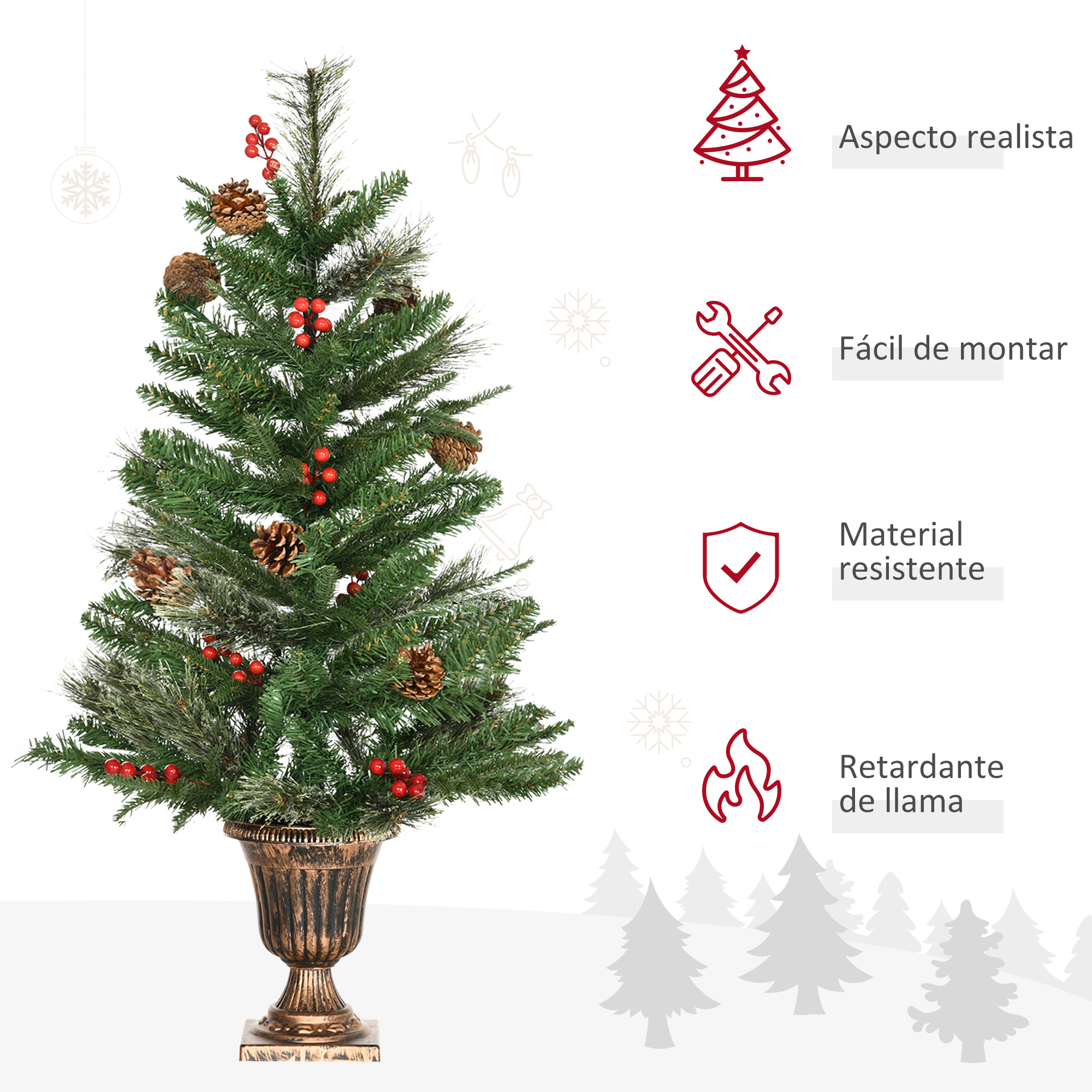Un árbol de Navidad artificial con adornos. Está en un jarrón dorado.