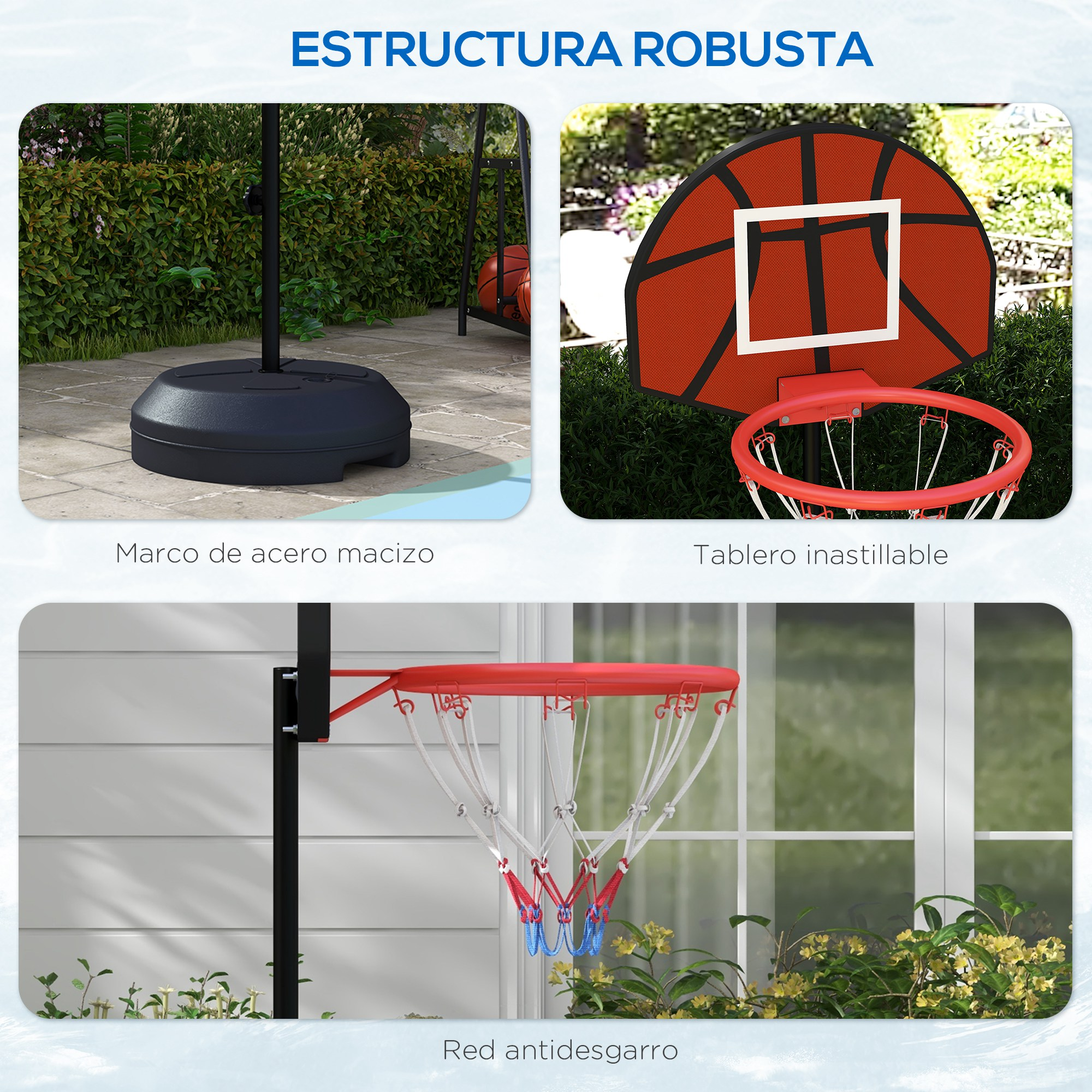 Canasta de baloncesto con red roja, base negra y balón. Texto dice 'estructura robusta'.