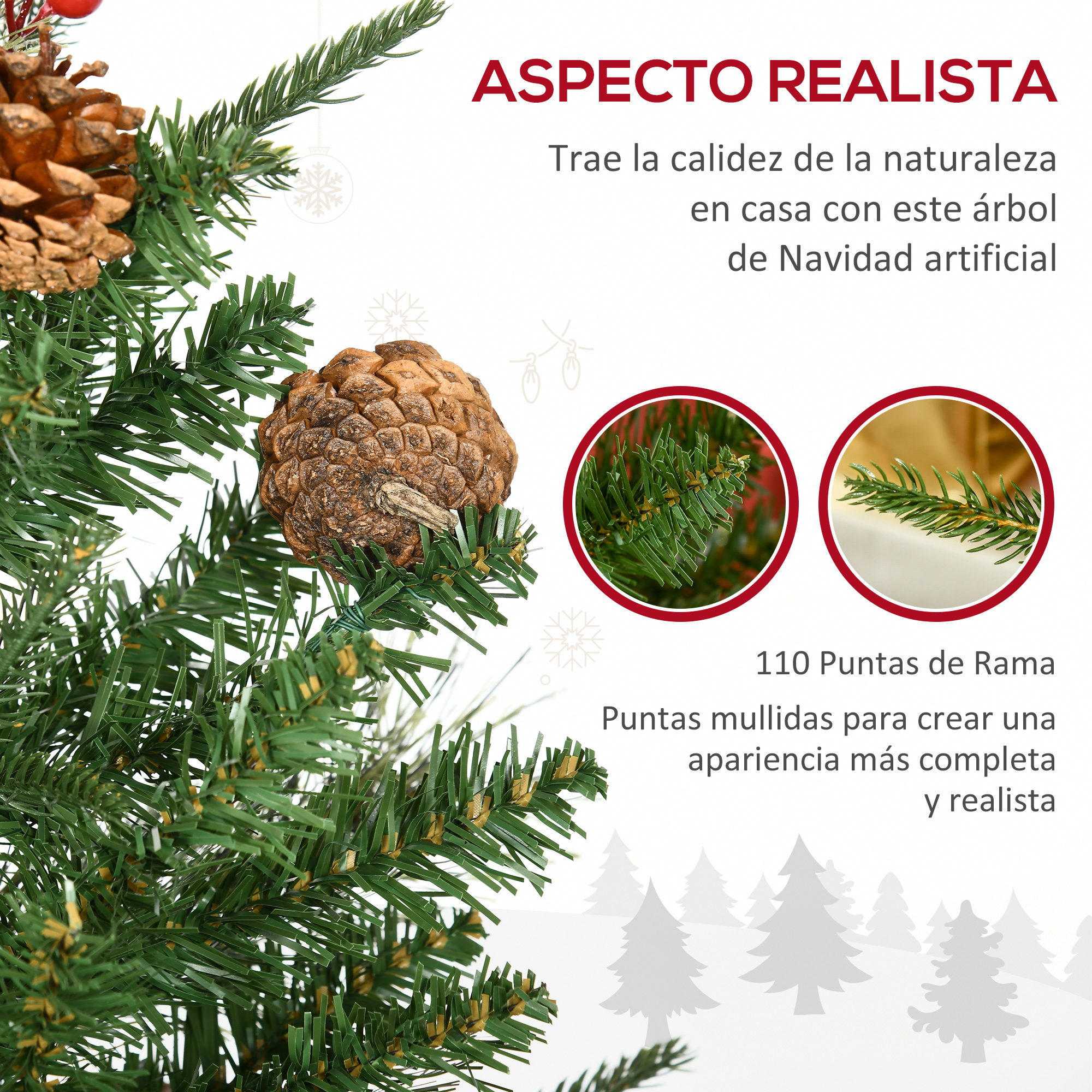 Primer plano de árbol de Navidad con piñas y texto español sobre aspecto realista.