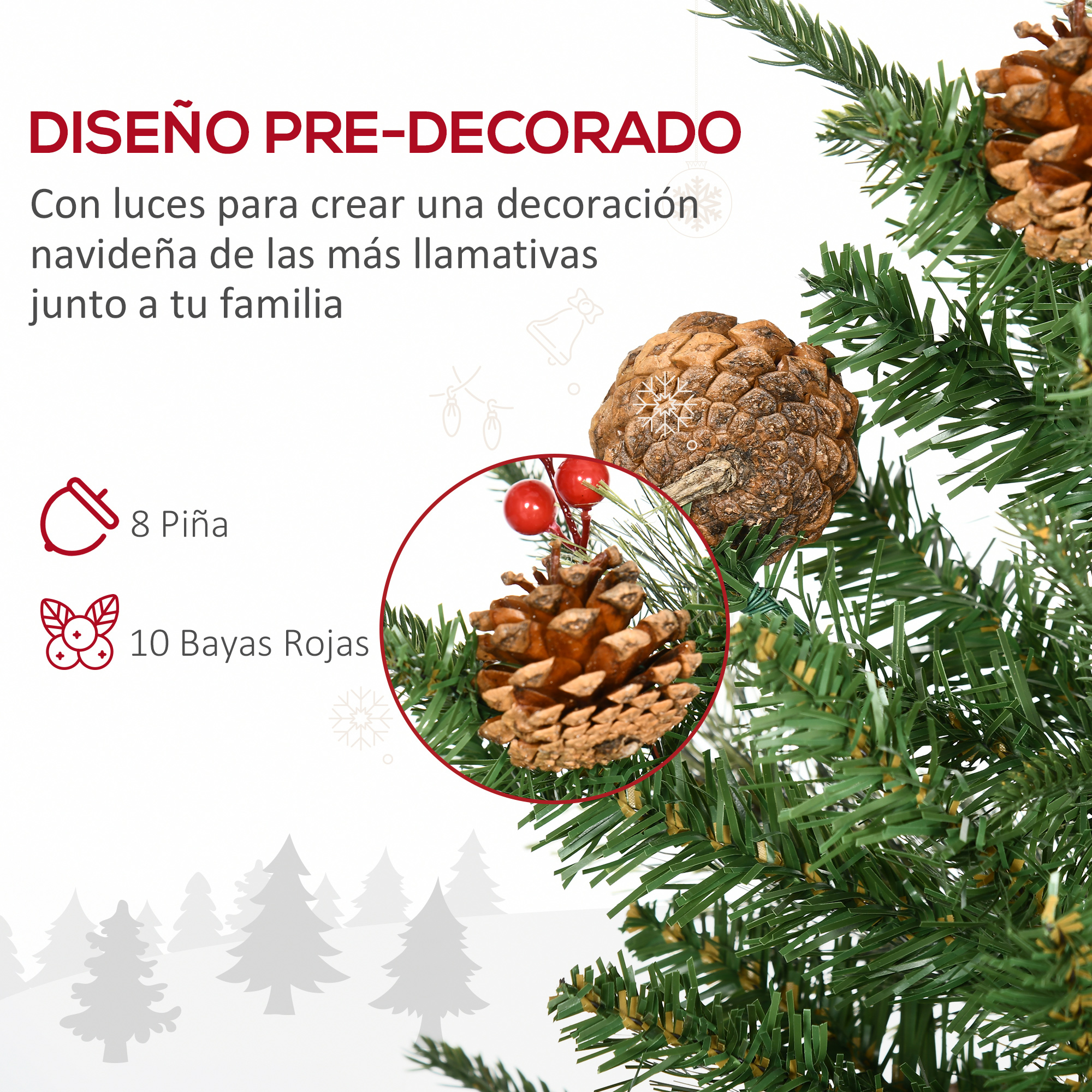 Un árbol de Navidad con piñas y bayas rojas, con texto en español.