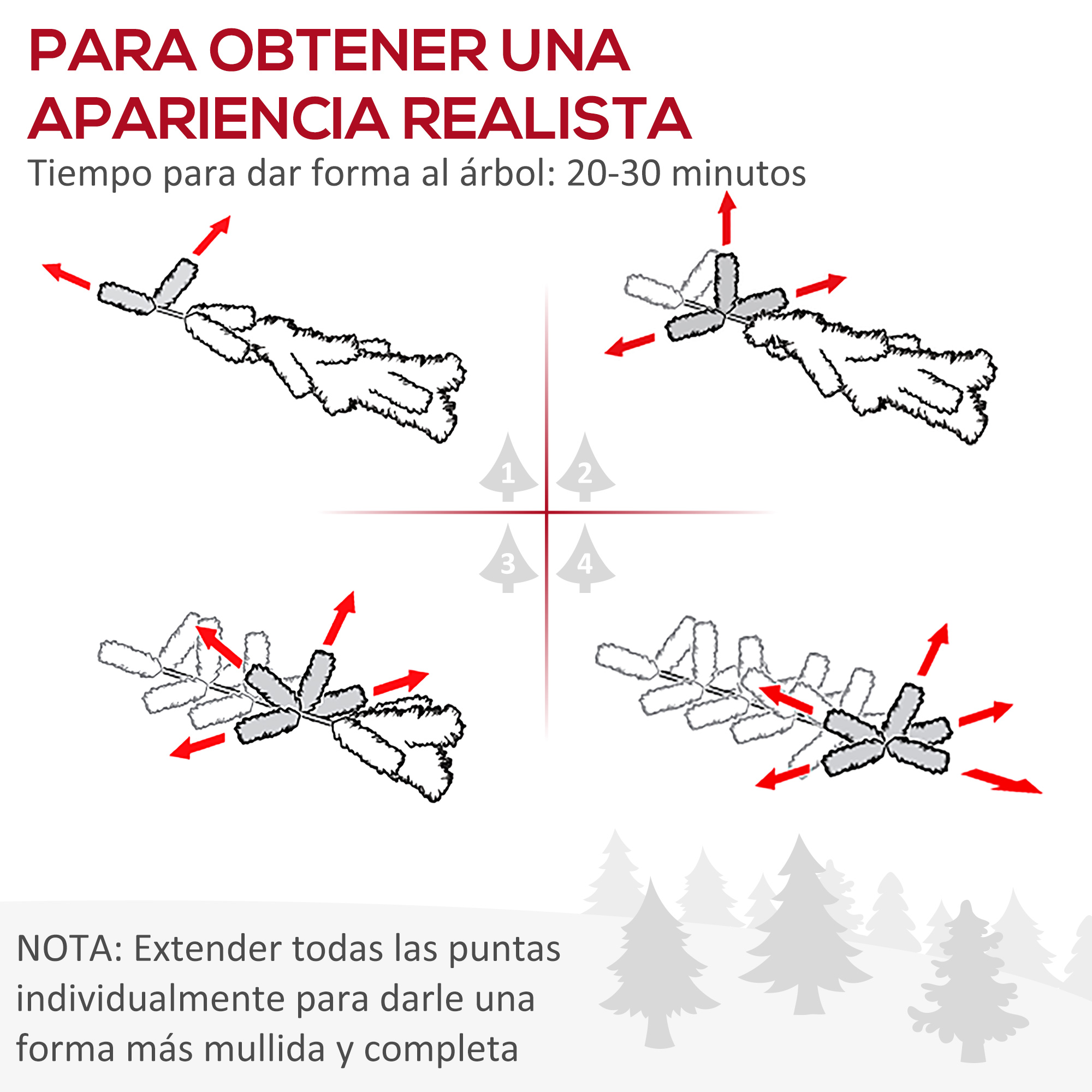 Instrucciones para dar forma a un árbol de Navidad, con un diagrama.