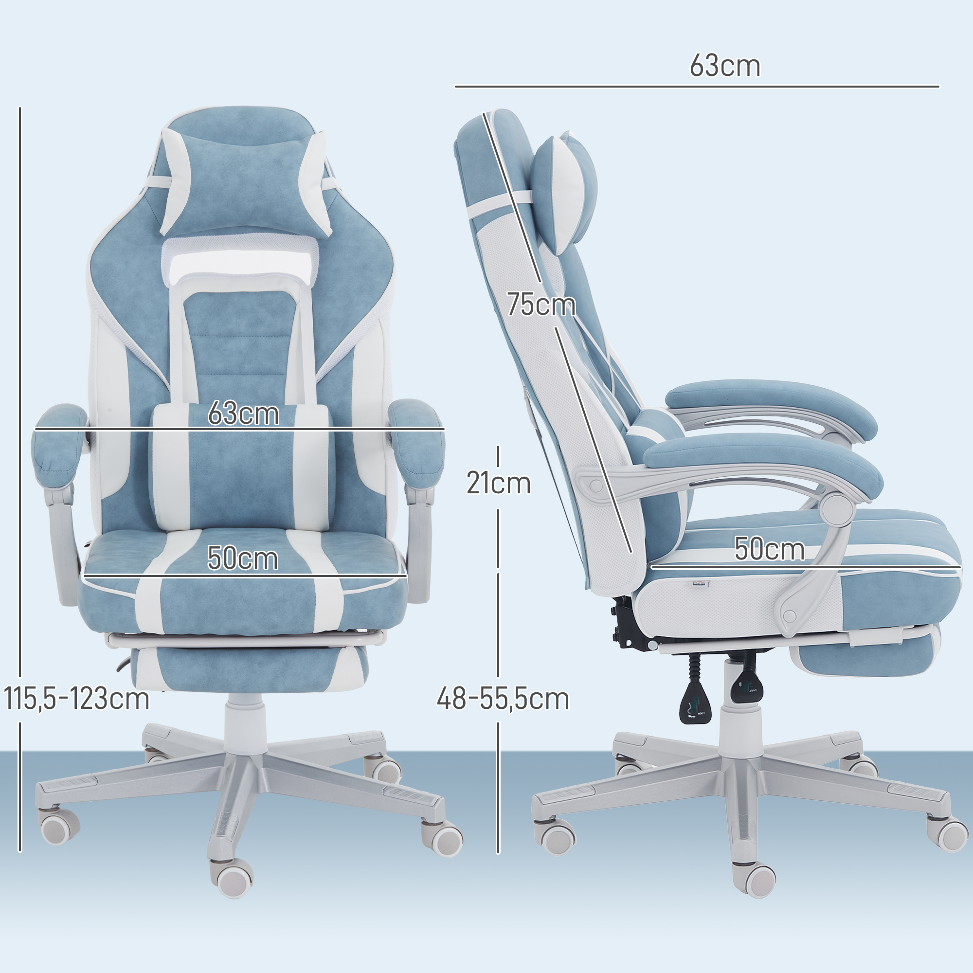 Dos sillas gaming con dimensiones, azul y blanco, sobre fondo azul.