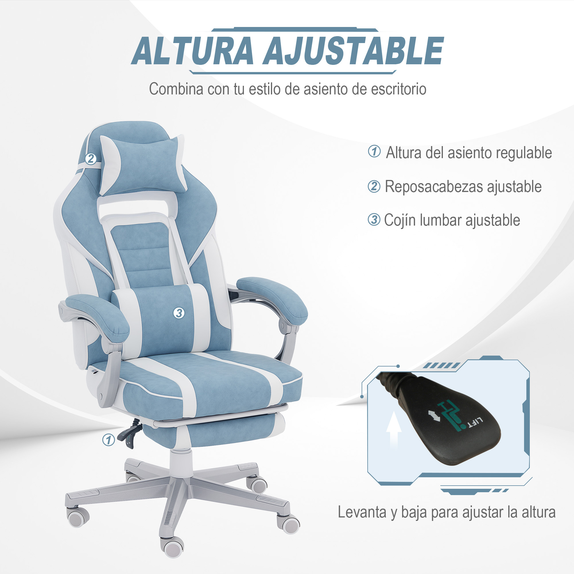 Una silla de oficina ergonómica azul y blanca ajustable con reposacabezas, soporte lumbar y reposabrazos ajustables.