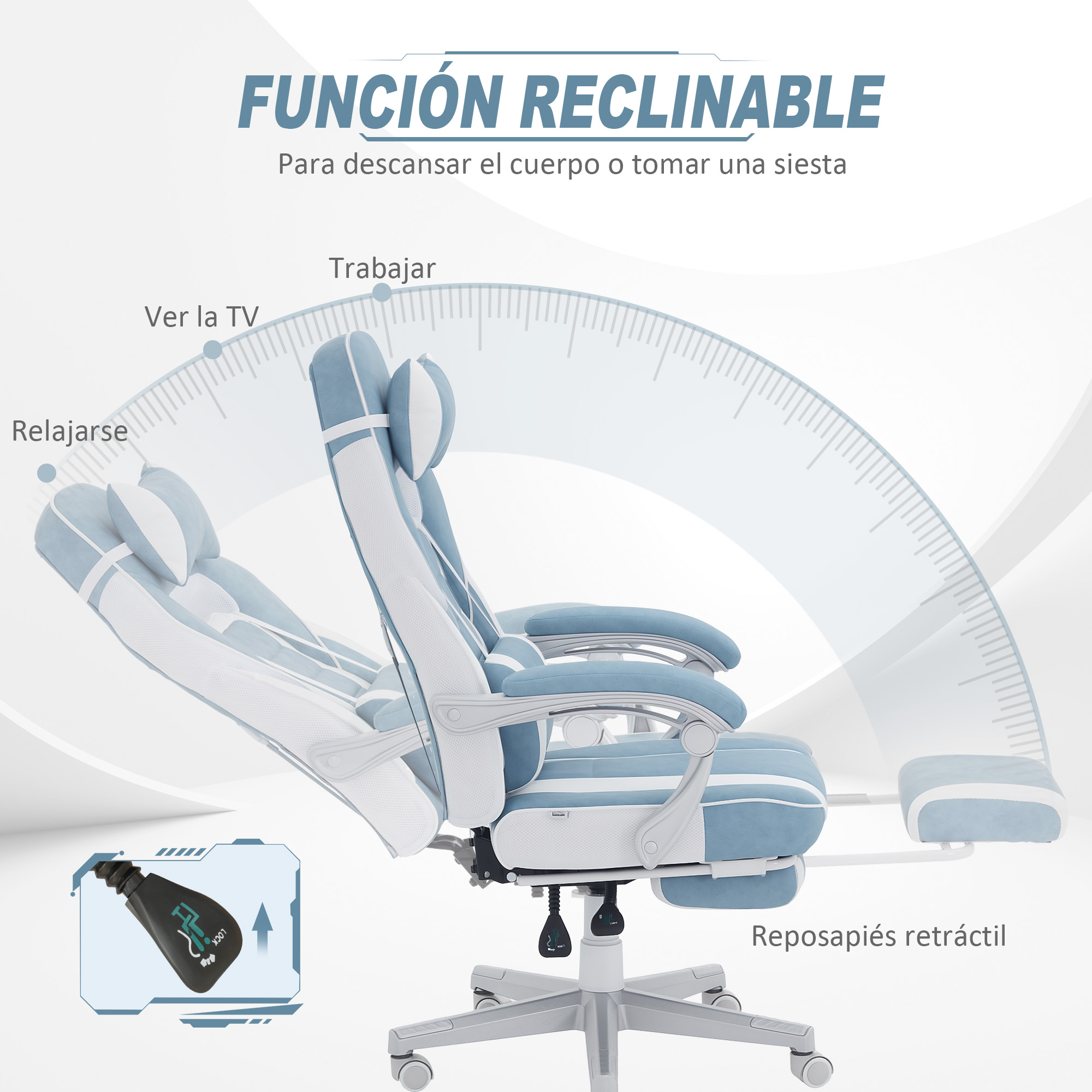 Silla reclinable azul y blanca con reposapiés. Diagramas muestran posiciones de descanso.