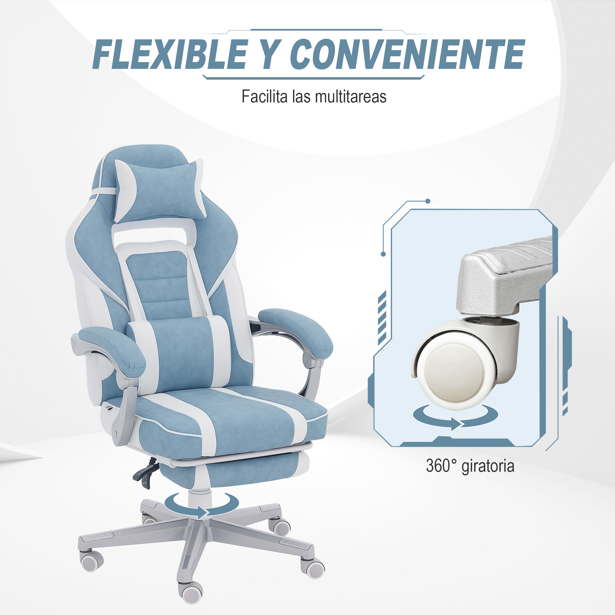Una silla gamer azul y blanca con reposacabezas, reposapiés y reposabrazos.