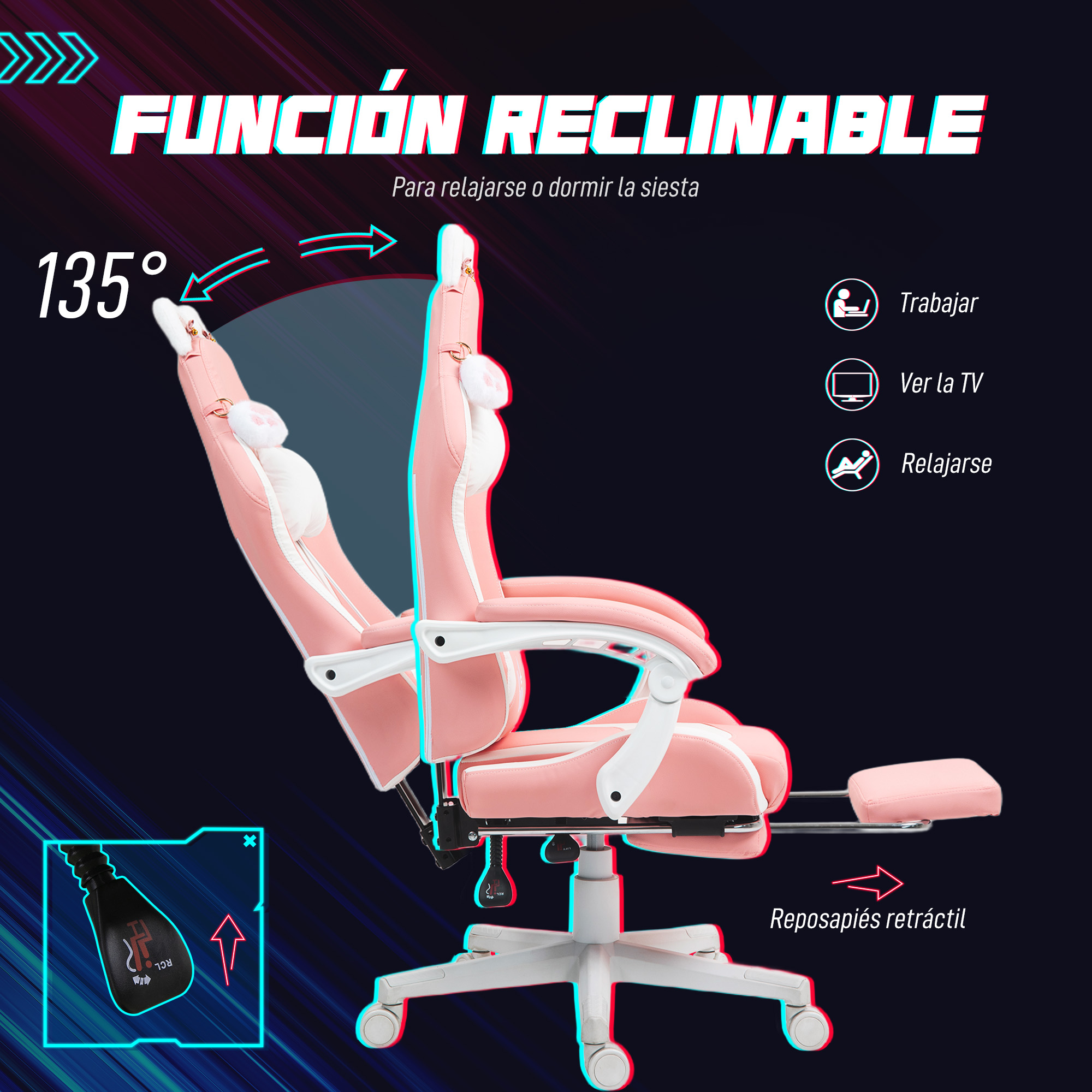 Silla reclinable rosa con reposapiés extendido. El texto indica reclinarse para trabajar, ver la televisión o relajarse.