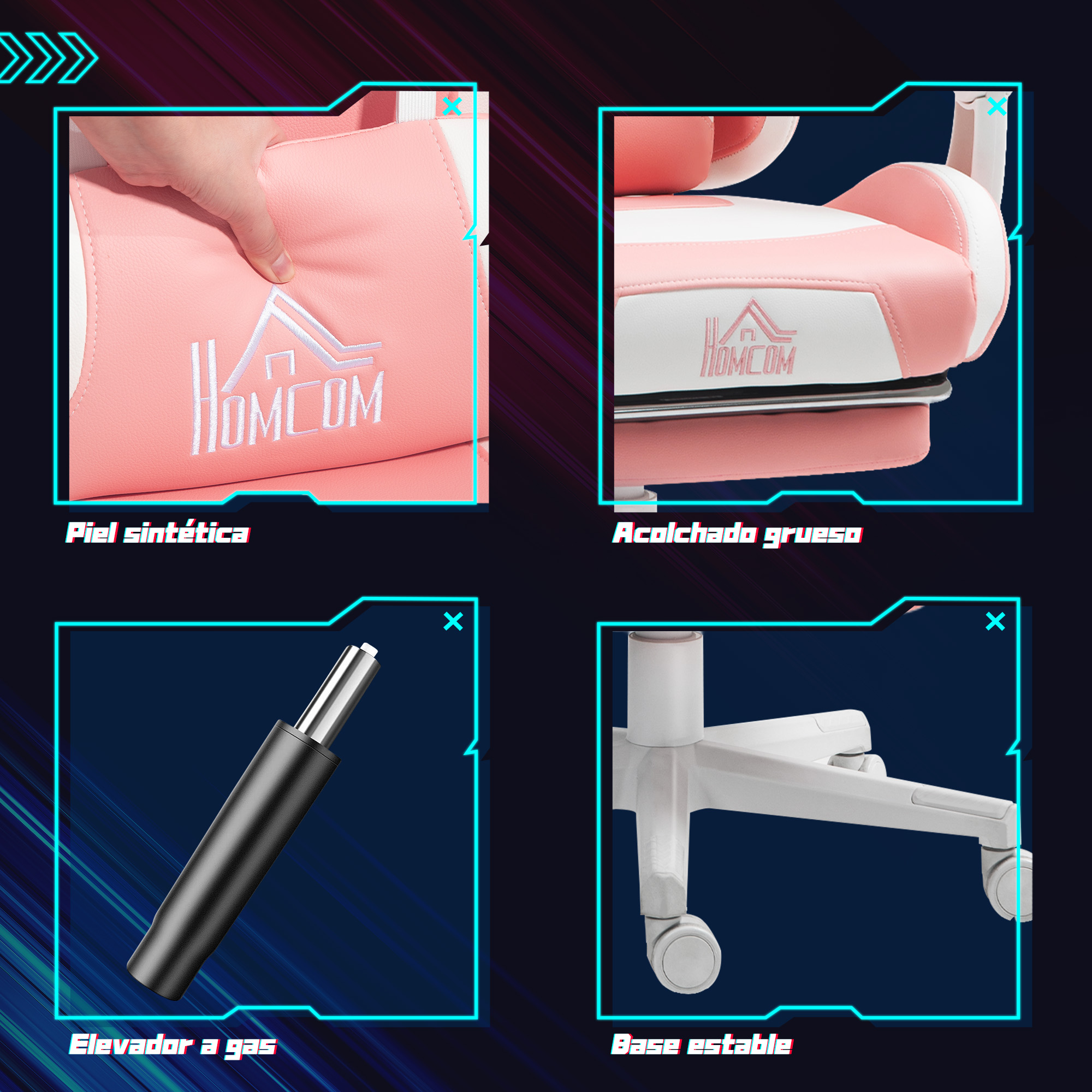 Primeros planos de una silla gamer rosa y blanca, mostrando cuero sintético, acolchado grueso, elevador de gas y base estable.