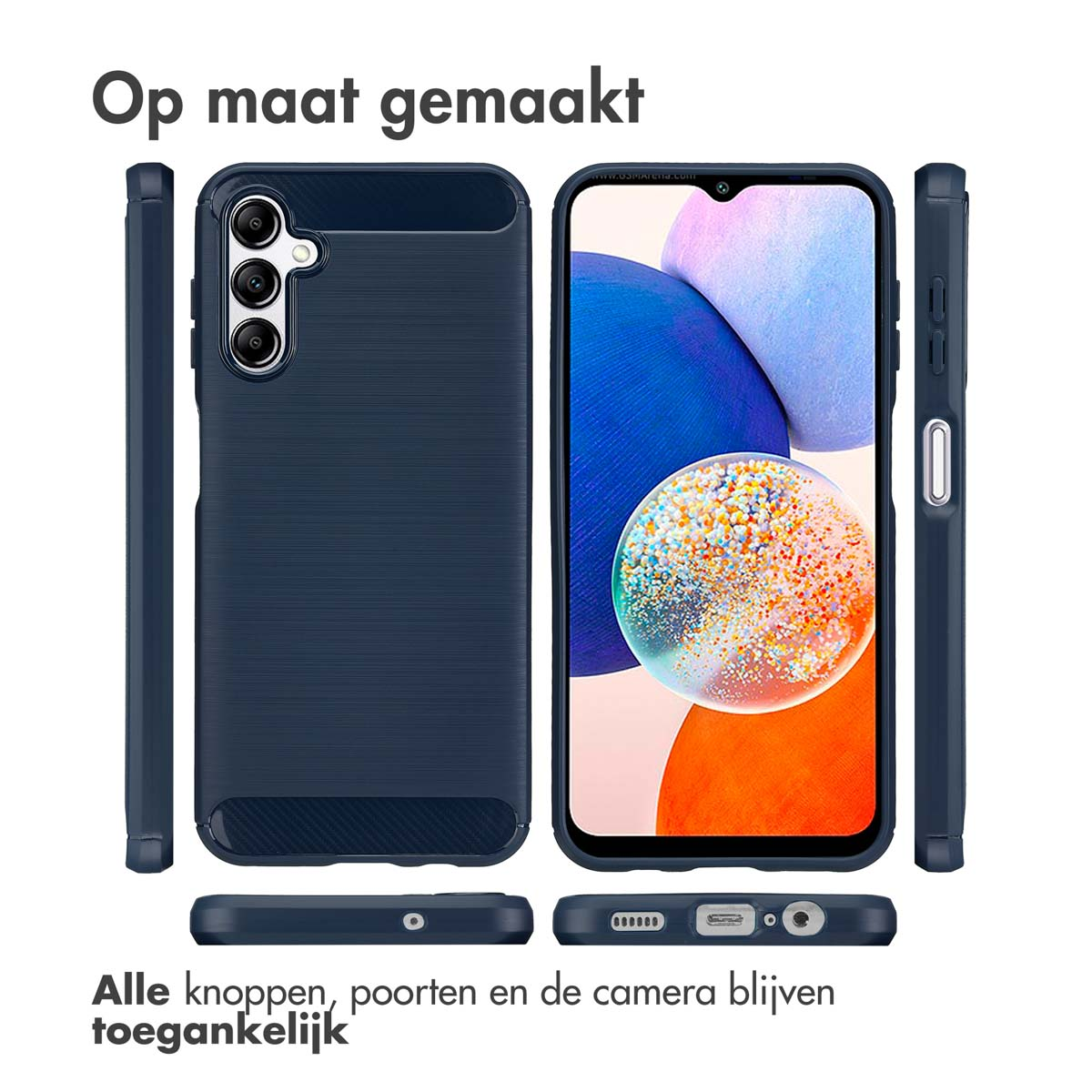 Coque de téléphone bleu marine avec téléphone, texte : Tous les boutons, ports et caméra restent accessibles.
