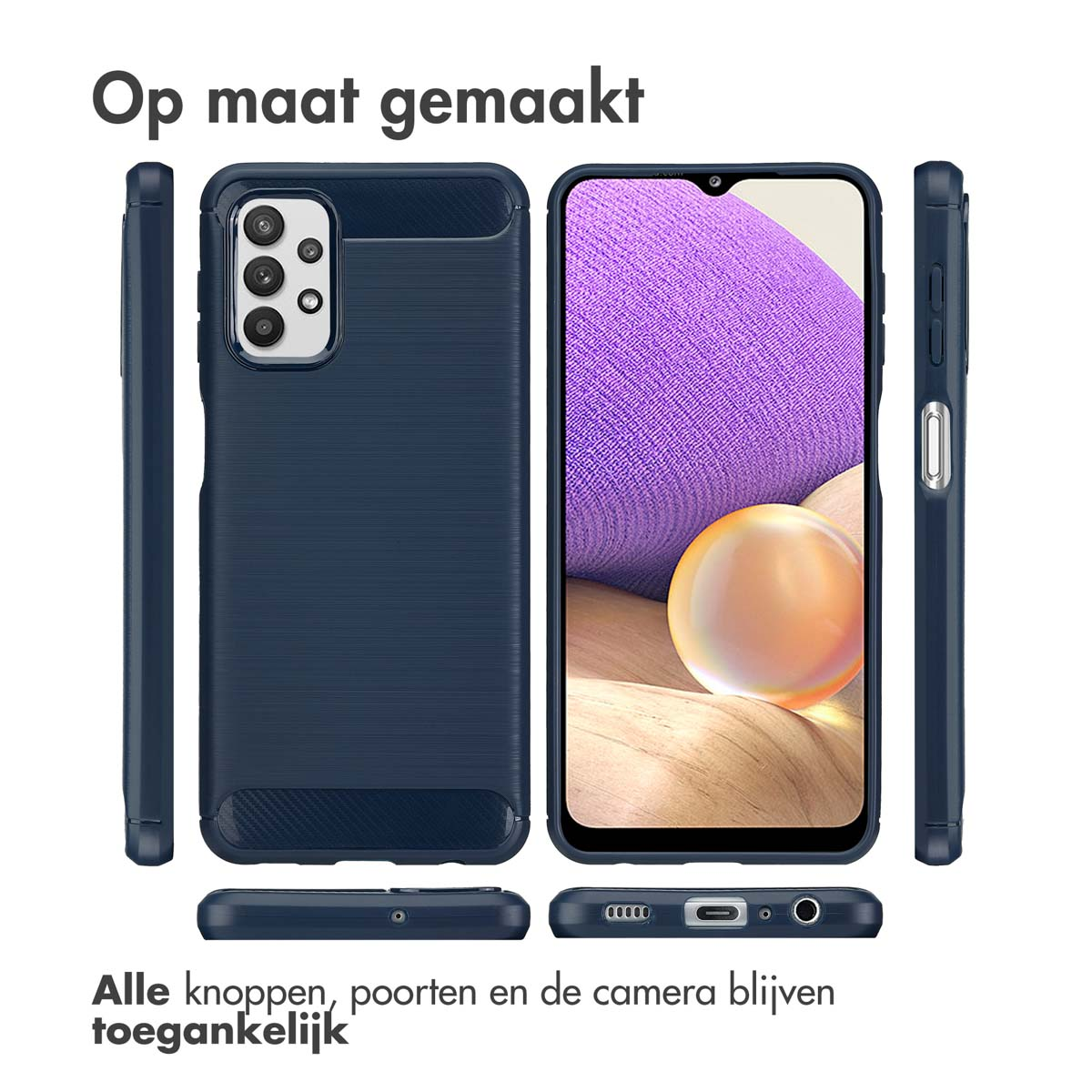 Coque de téléphone bleu marine avec plusieurs vues, boutons et caméra visibles.