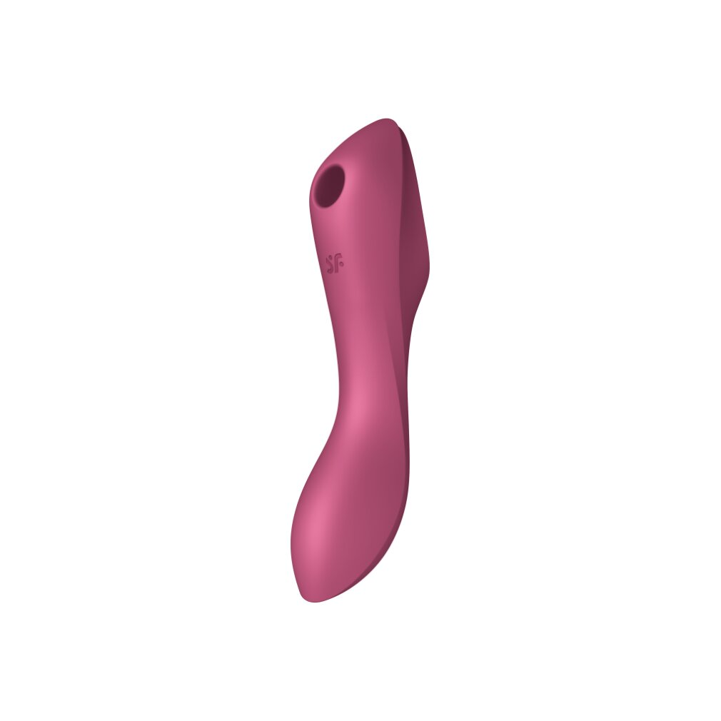 Juguete sexual rosa sobre fondo blanco. El juguete tiene una forma curva.