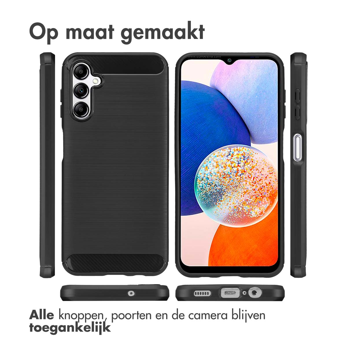 Coque de téléphone noire avec téléphone. Boutons, ports et appareil photo accessibles. Détails du produit mis en évidence.
