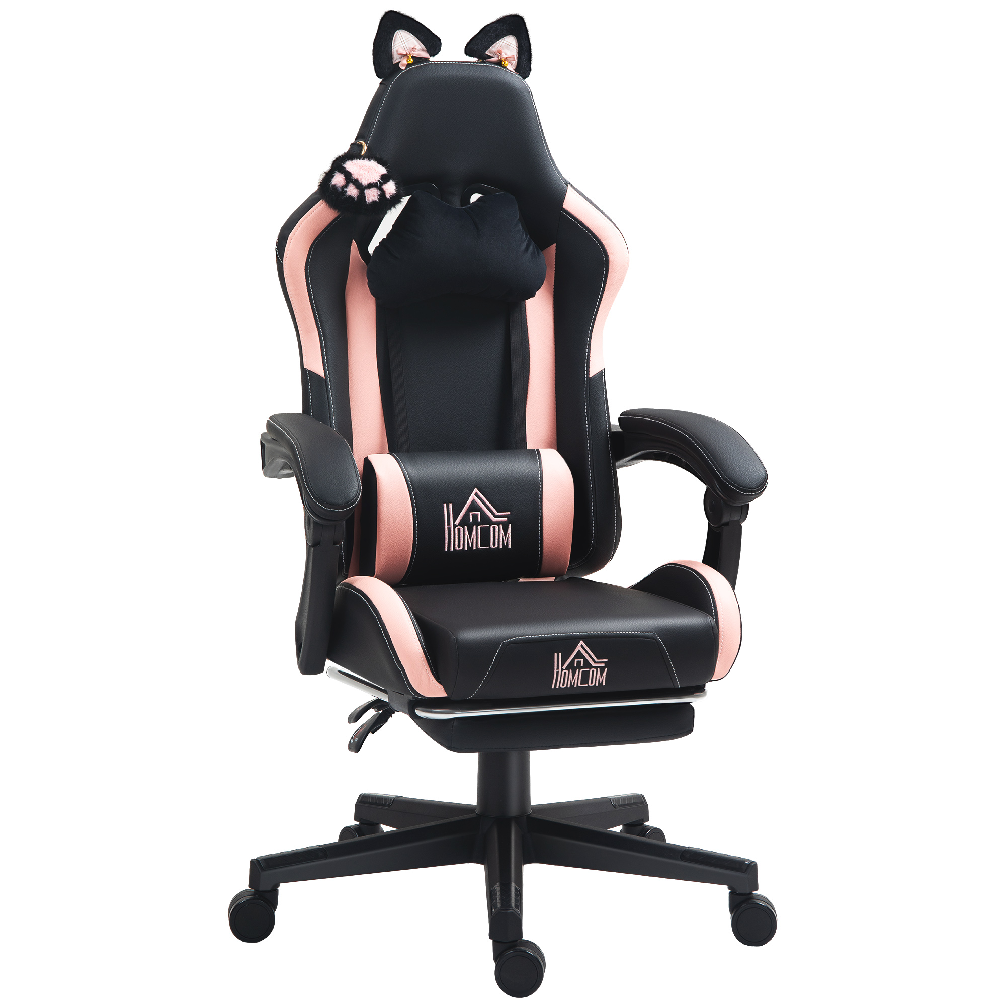 Una sedia da gaming nera con dettagli rosa e orecchie da gatto sul poggiatesta, su sfondo bianco.
