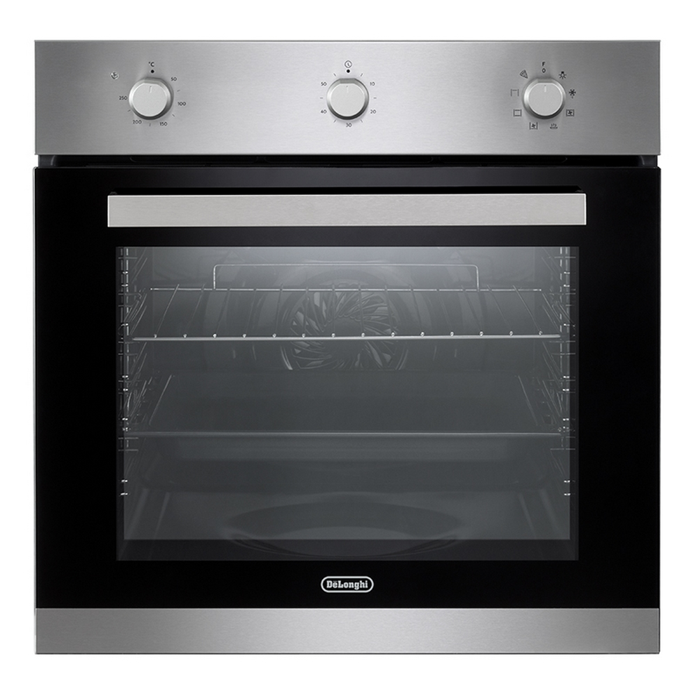Un forno DeLonghi in acciaio inossidabile con manopole e porta a vetro.