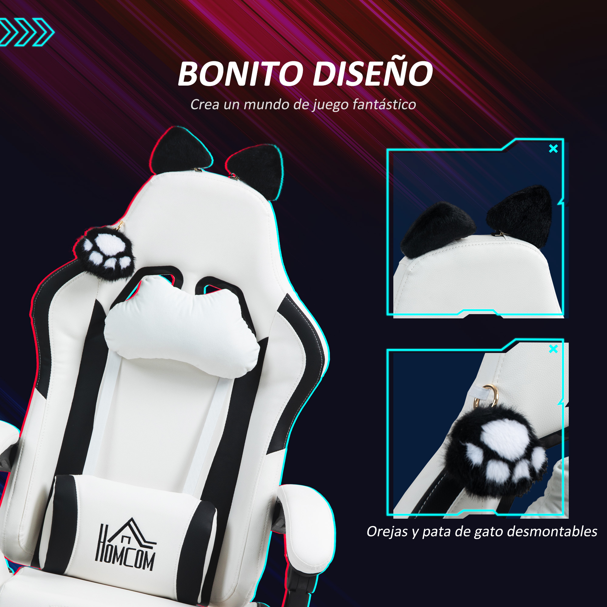 Silla gamer temática de panda blanco y negro, con detalles de orejas y patas.